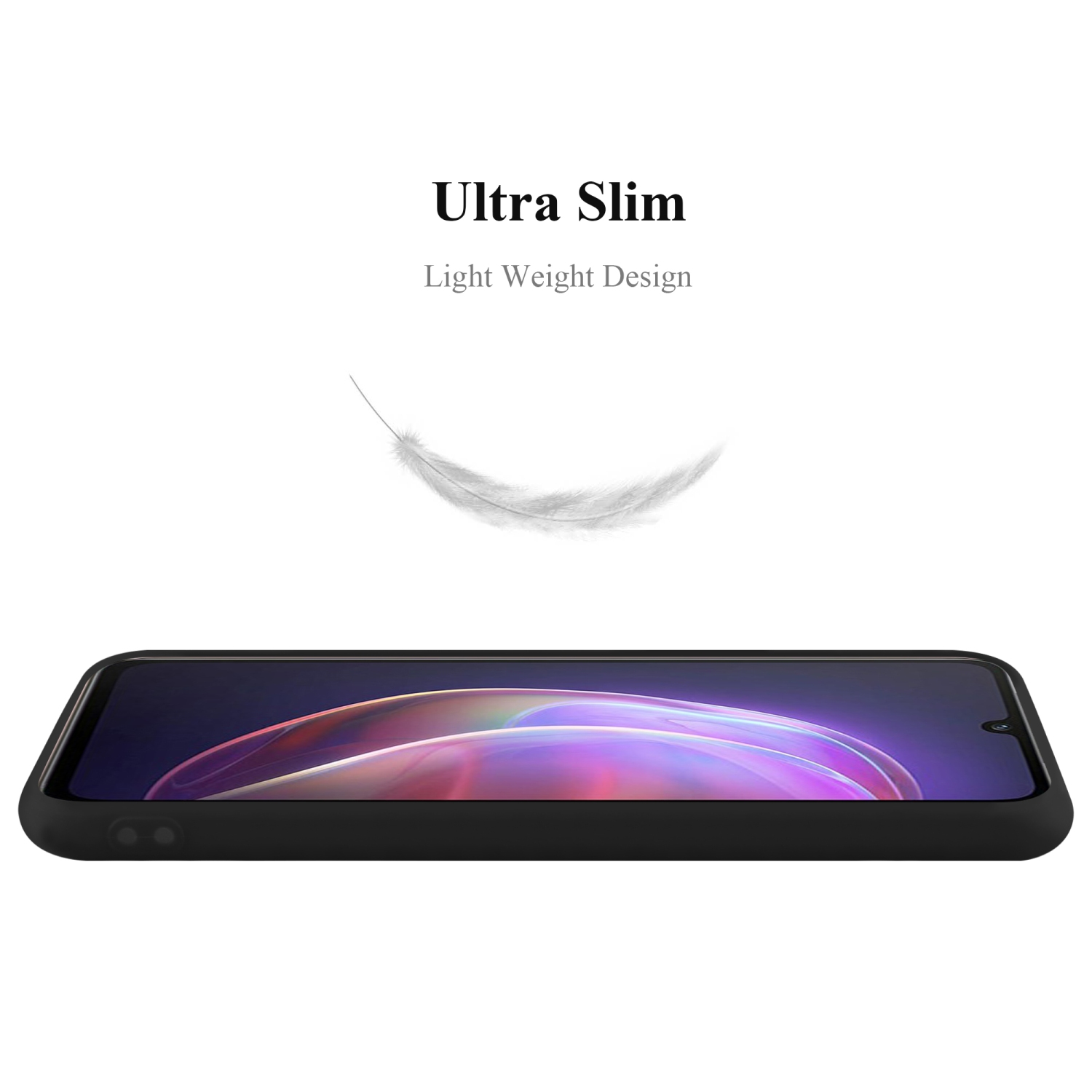 Custodia per telefono nera. Testo: Ultra Slim e Light Weight Design. Un'illustrazione di una piuma è sopra la custodia.