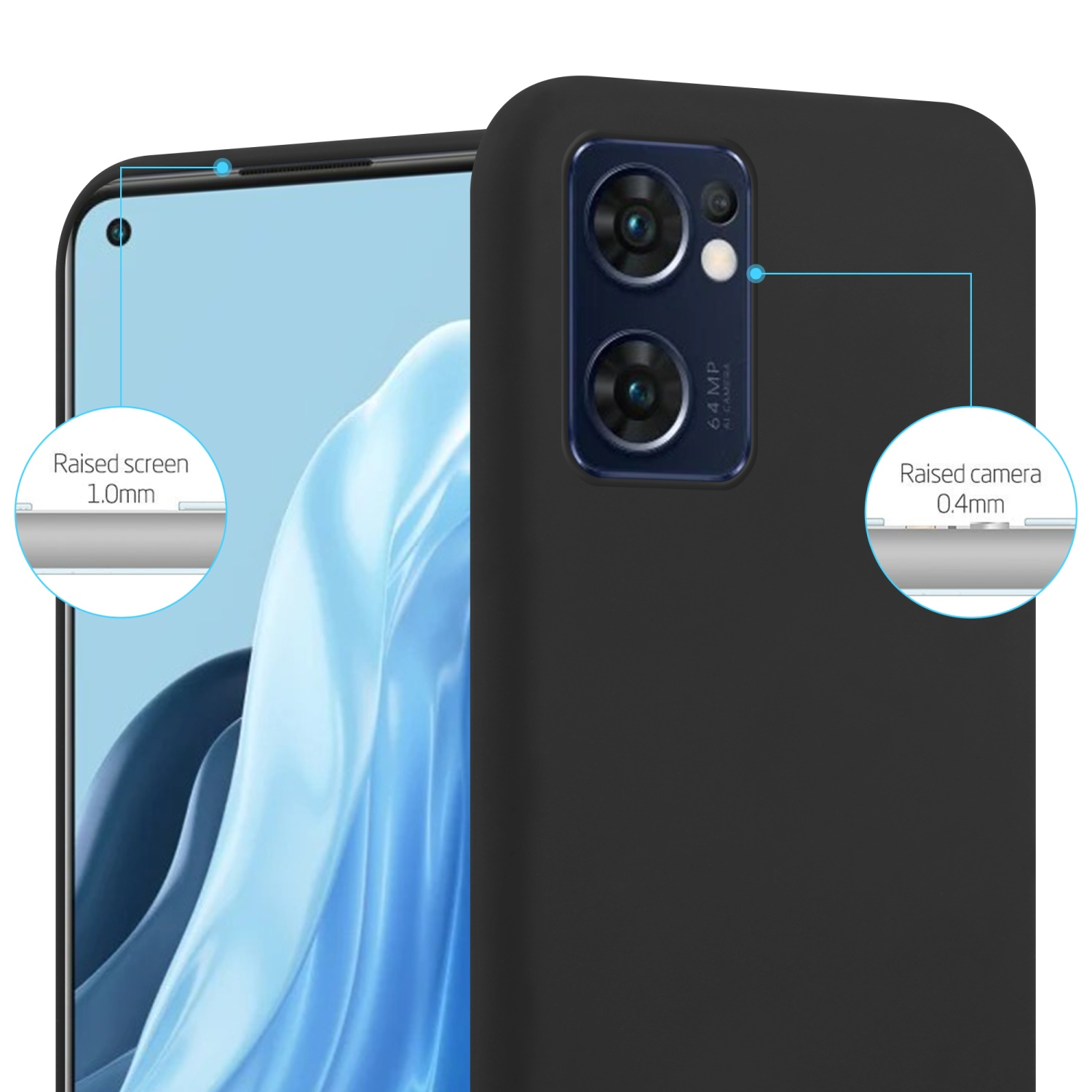 Custodia nera per telefono con telefono. Il testo indica la protezione rialzata dello schermo e della fotocamera.