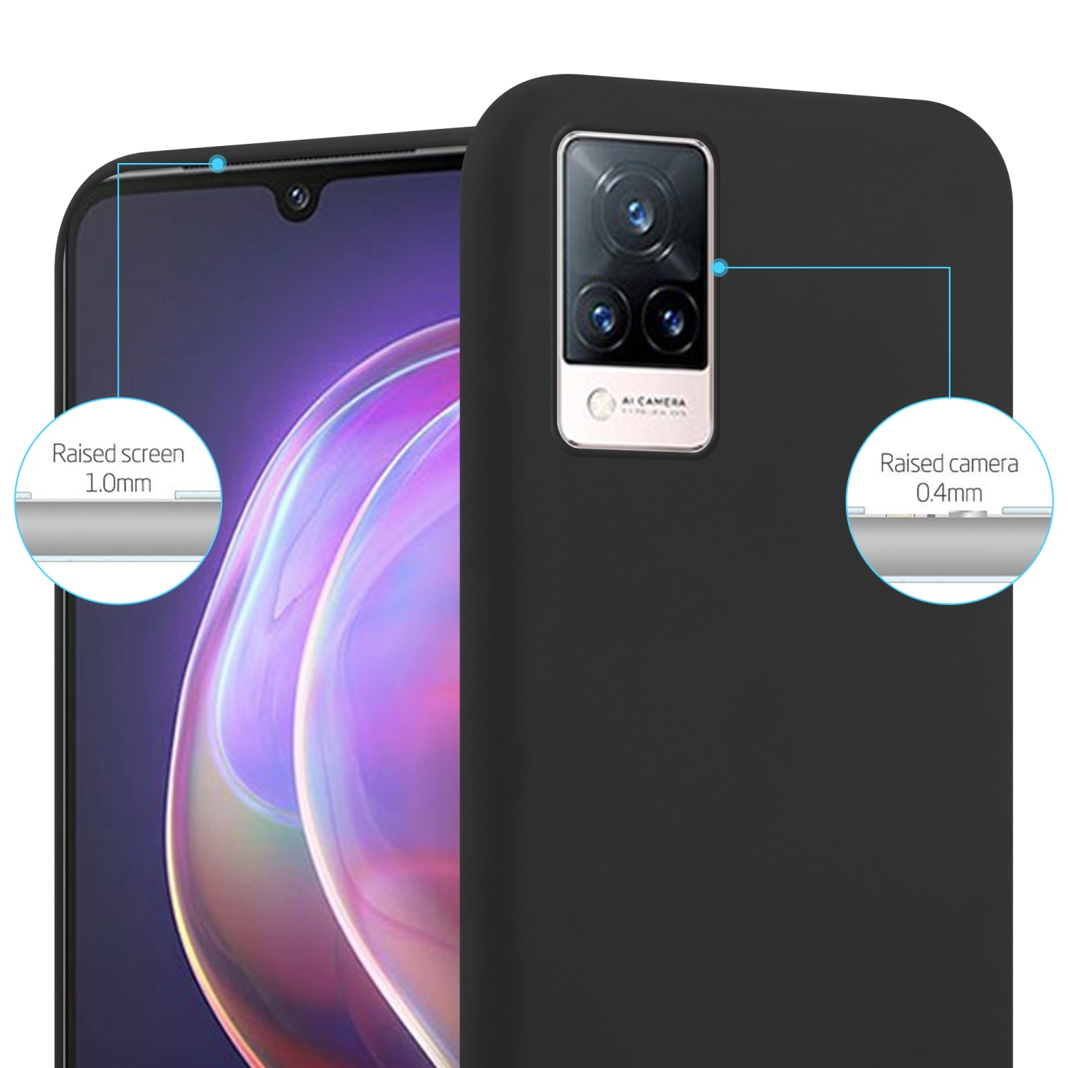 Telefono con custodia nera. Schermo e fotocamera rialzati. Etichette di testo con dimensioni.