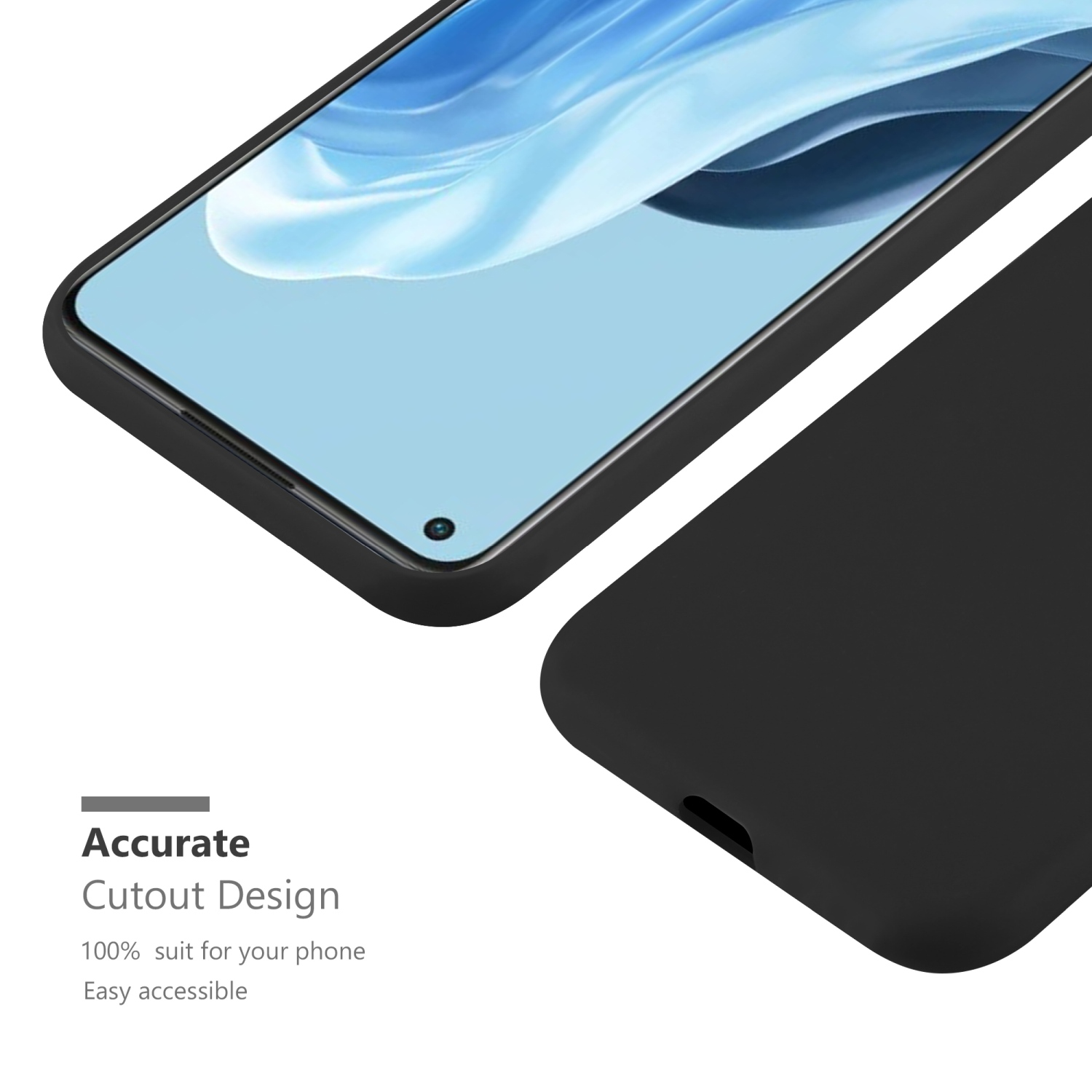 Custodia nera con telefono nero. Testo: Design preciso. 100% adattamento.