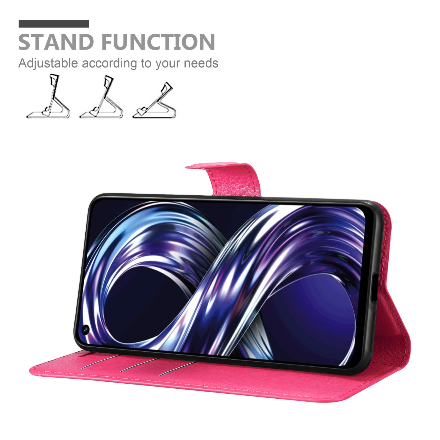 Custodia rosa per telefono con telefono visualizzato. Testo: Funzione supporto. Tre opzioni di supporto. Sfondo bianco.