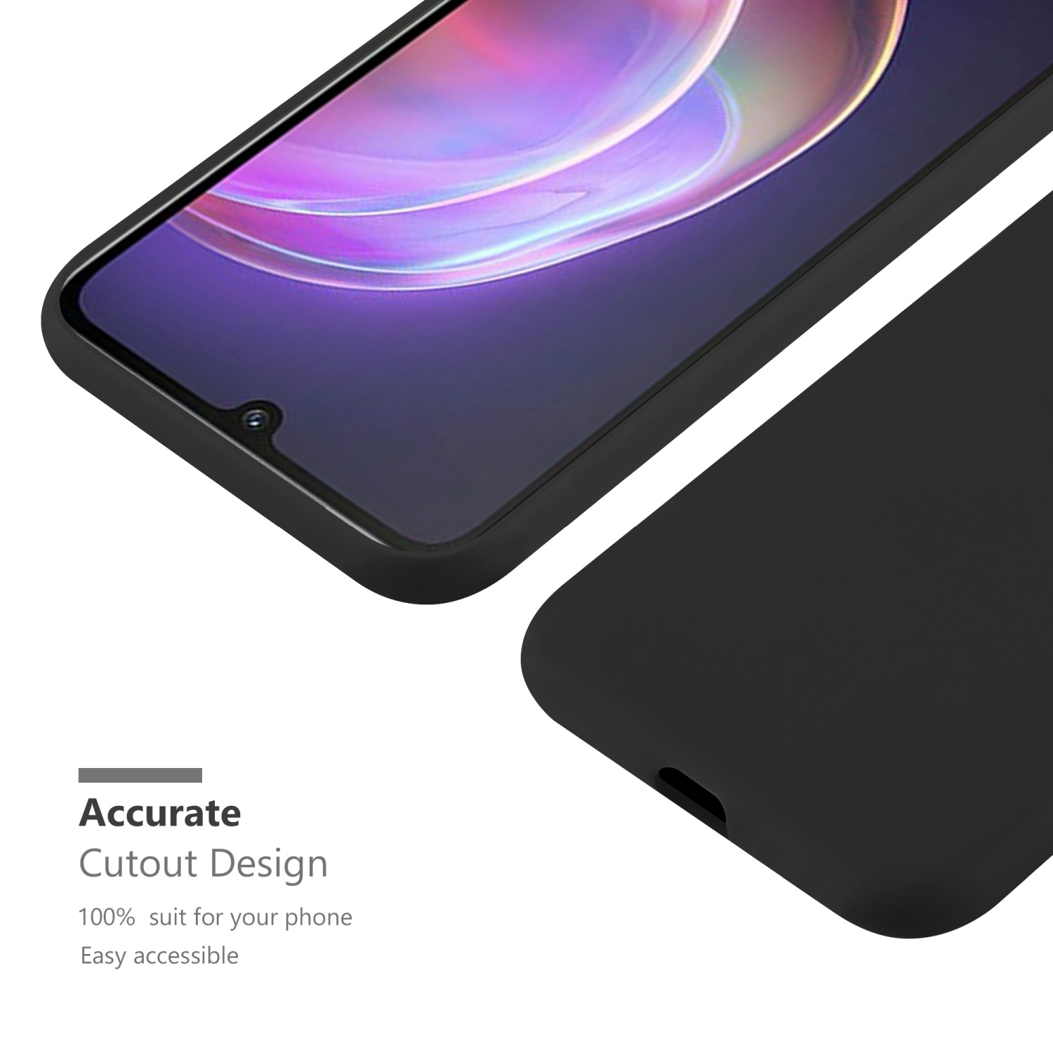 Schermo del telefono nero. Testo: Design di ritaglio accurato. Adatto al 100% al tuo telefono. Facilmente accessibile.