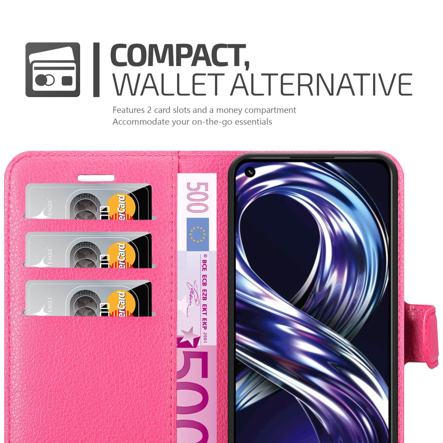 Custodia a portafoglio rosa con telefono e carte. Testo: Compatto, alternativa al portafoglio. Con due scomparti per carte e vano banconote.