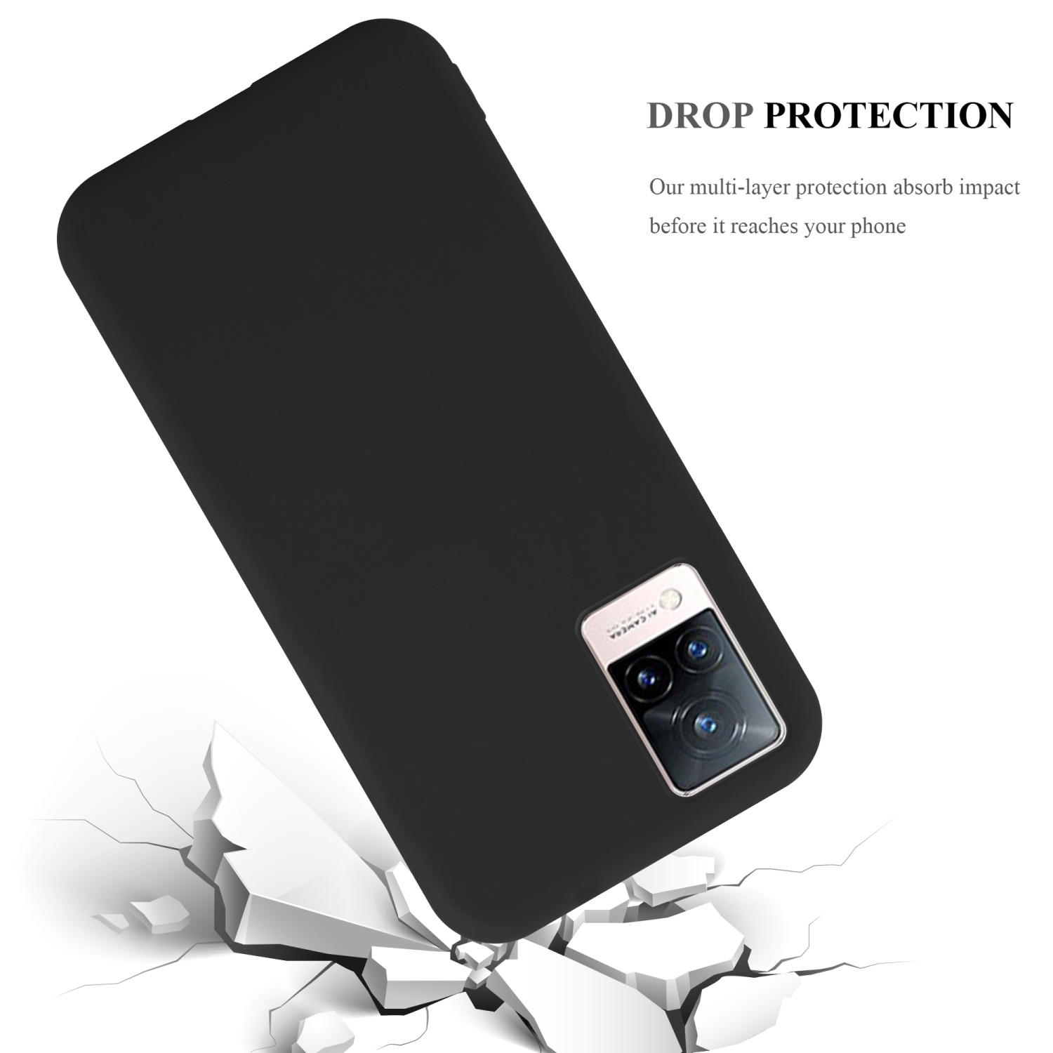 Una custodia per telefono nera è inclinata, con crepe in basso. La custodia ha un ritaglio per la fotocamera. Testo: 'Drop Protection'.