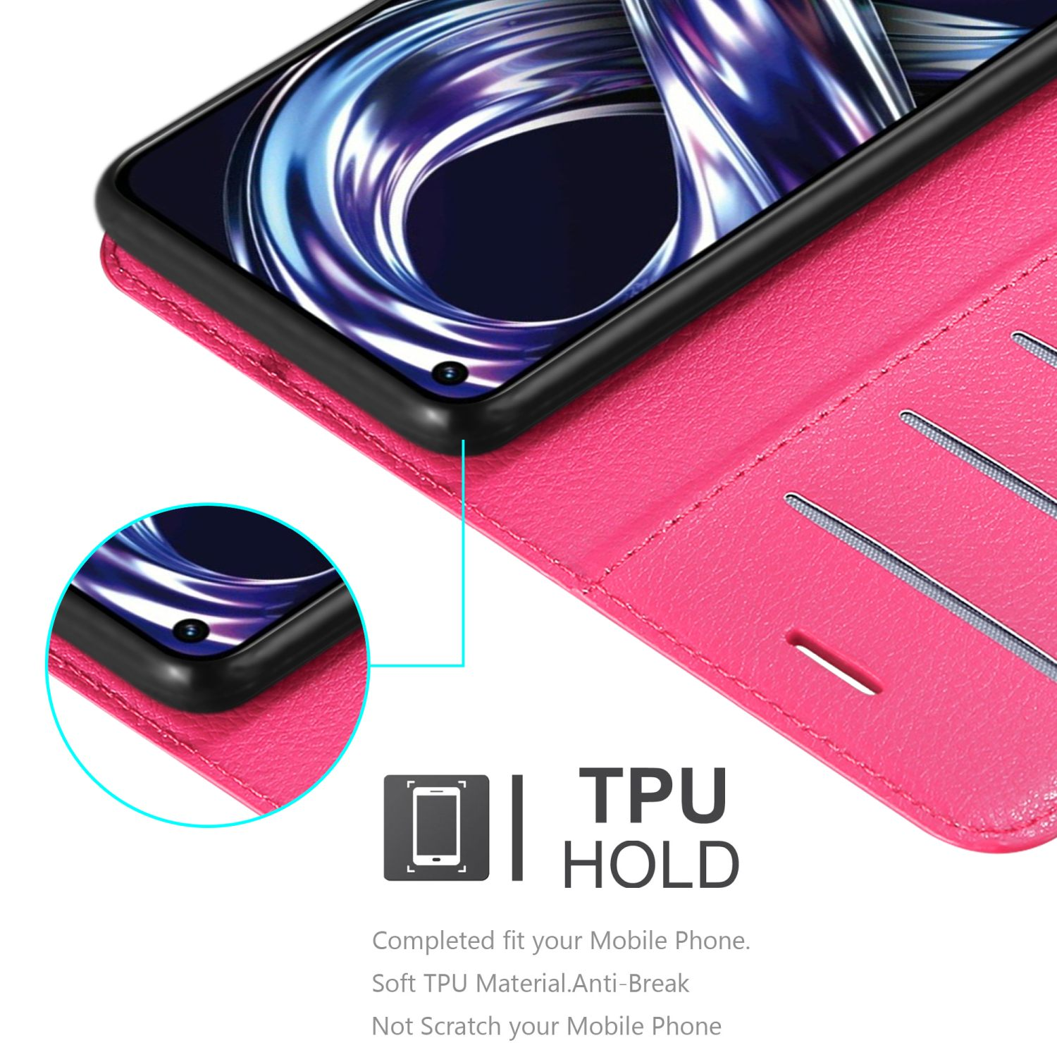 Custodia rosa per telefono con telefono inserito, primo piano. Mostra il bordo della custodia, con un piccolo ritaglio.