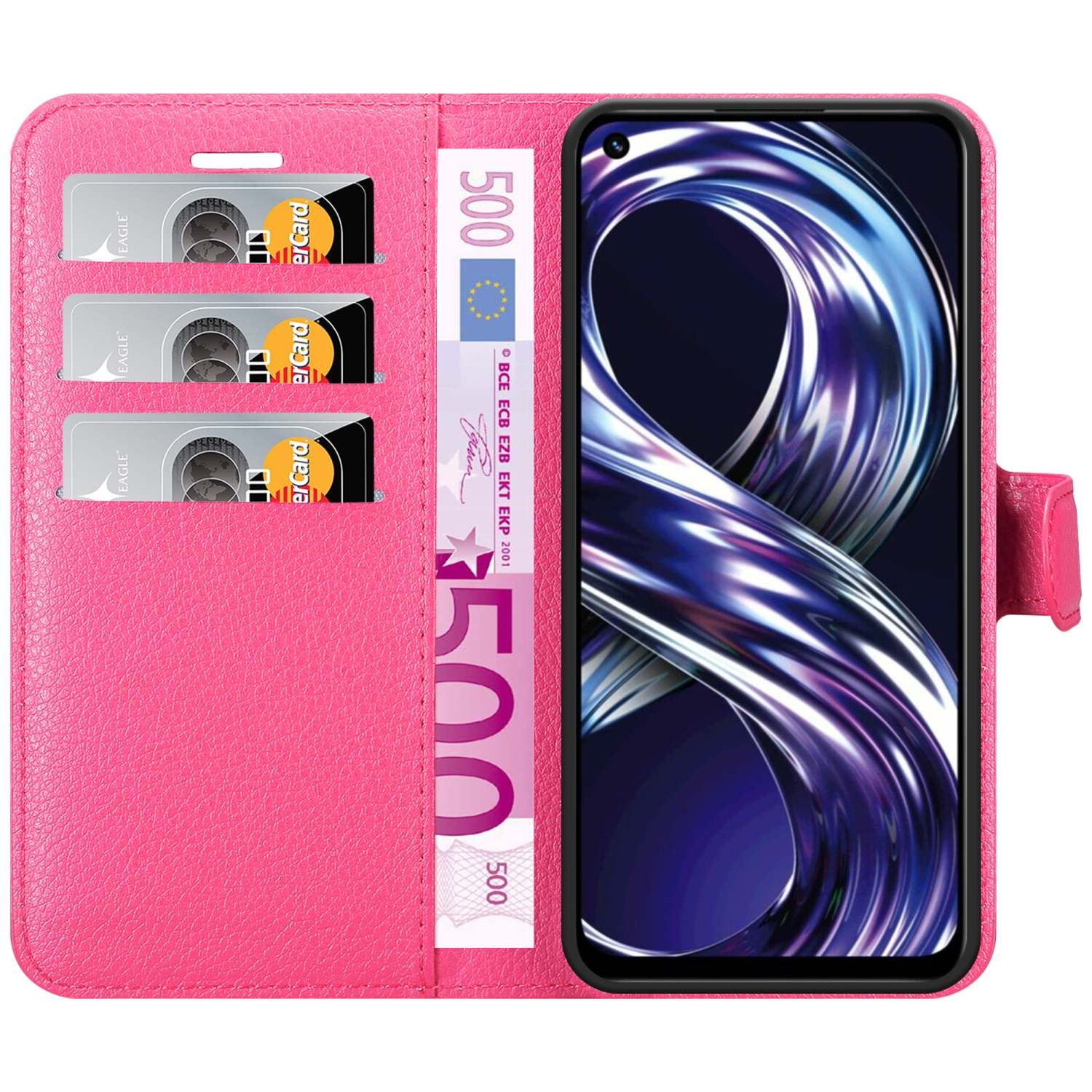 Custodia rosa per telefono, aperta, con carte, denaro e un telefono all'interno. Il telefono ha uno schermo con un'immagine.