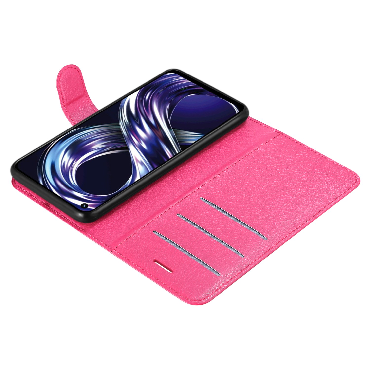 Custodia per telefono rosa con telefono all'interno, che mostra l'interno, con fessure per carte.