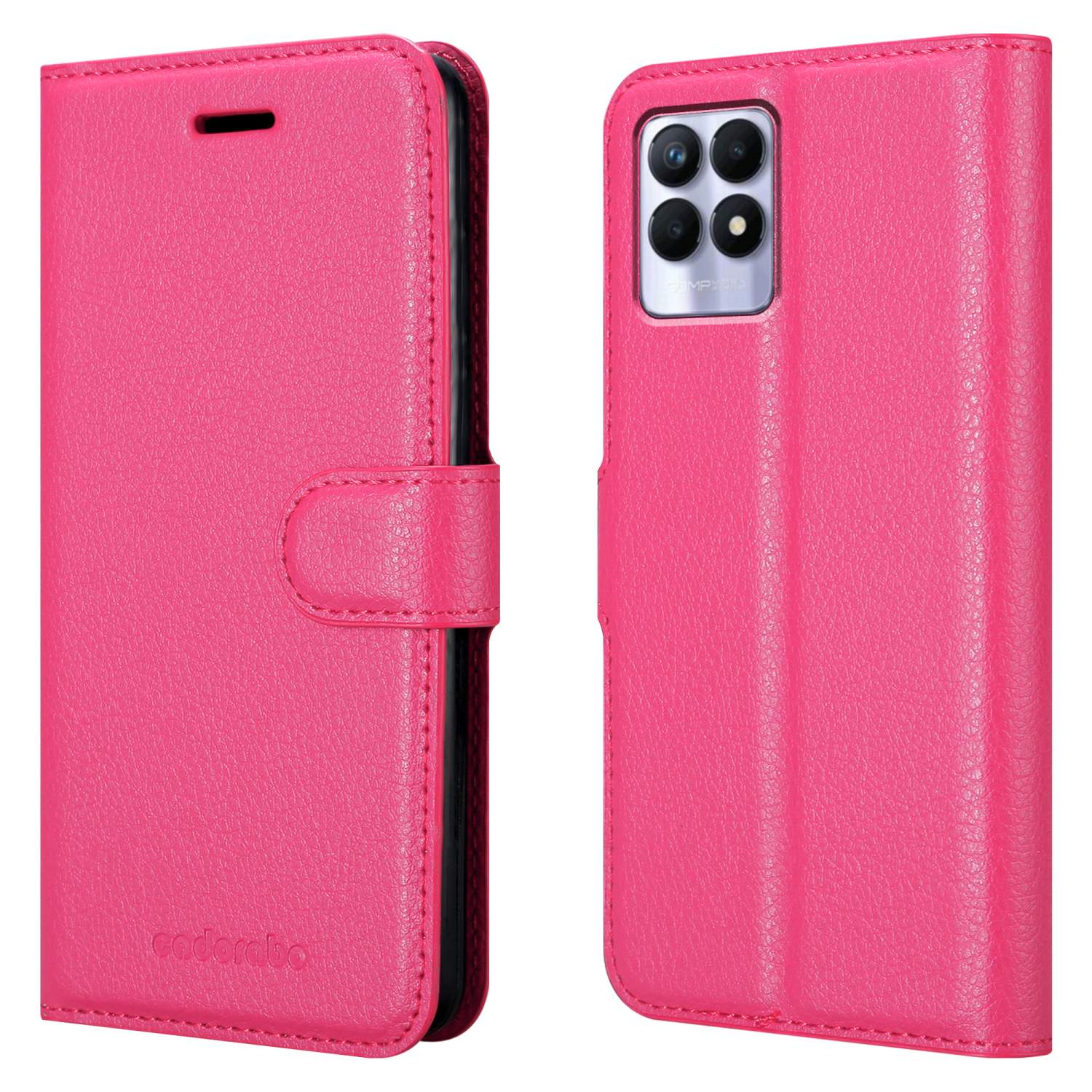 Custodia per telefono rosa in stile folio, chiusa. Mostra la parte anteriore e posteriore, con chiusura magnetica. Testo: 'cadorabo'.