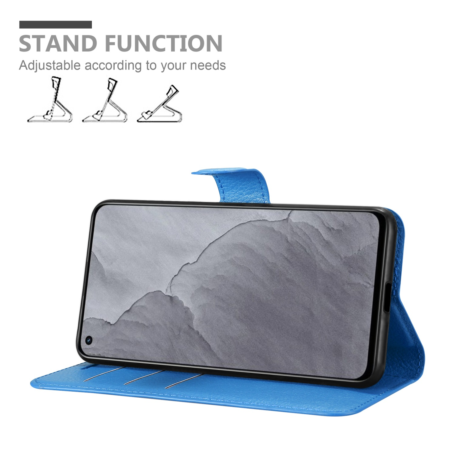 Custodia blu con telefono. Funzione stand visibile. Sfondo bianco.