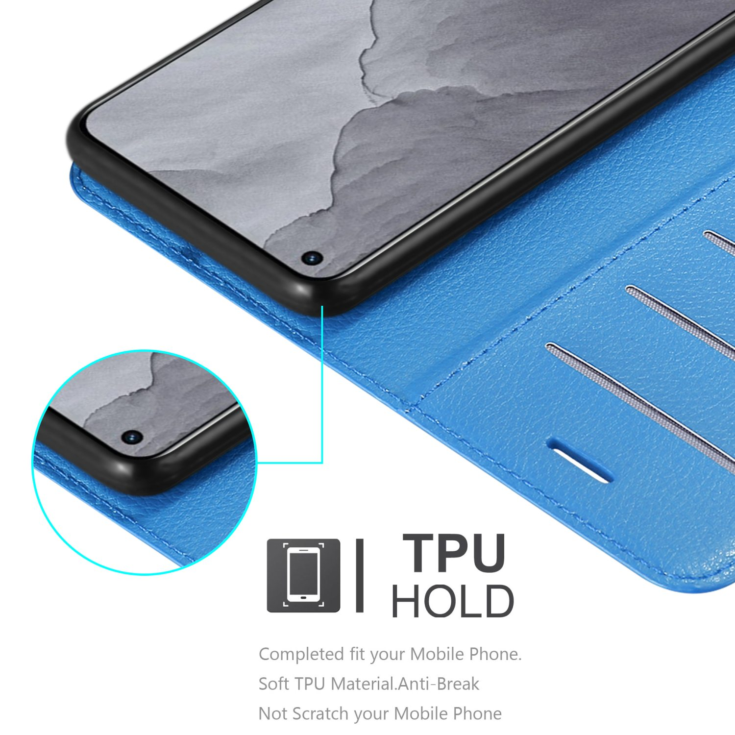 Una custodia blu con un telefono all'interno. Ci sono ritagli e testo.