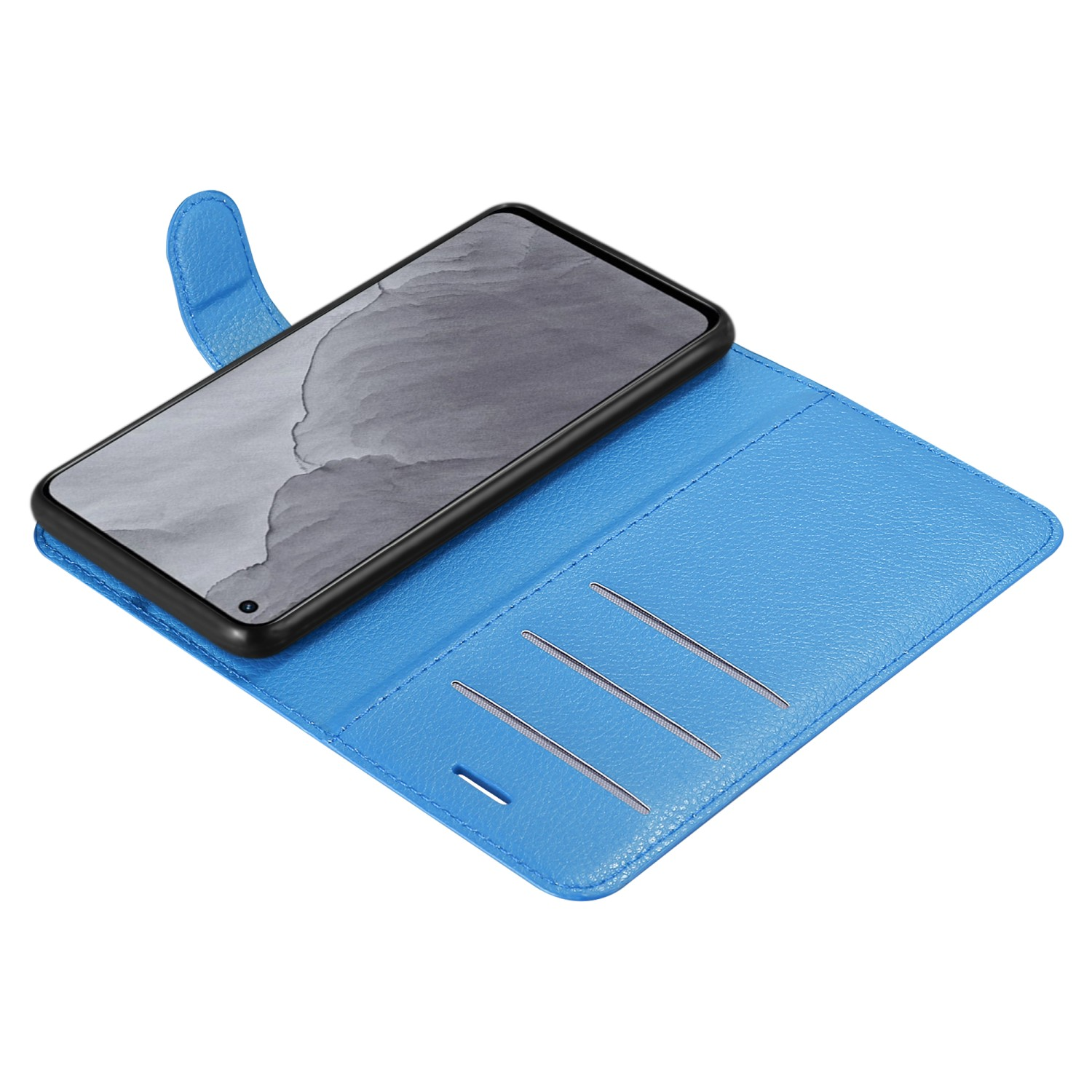 Custodia blu per telefono, aperta. Telefono all'interno con 3 slot per carte. Testo: Stile a patta.