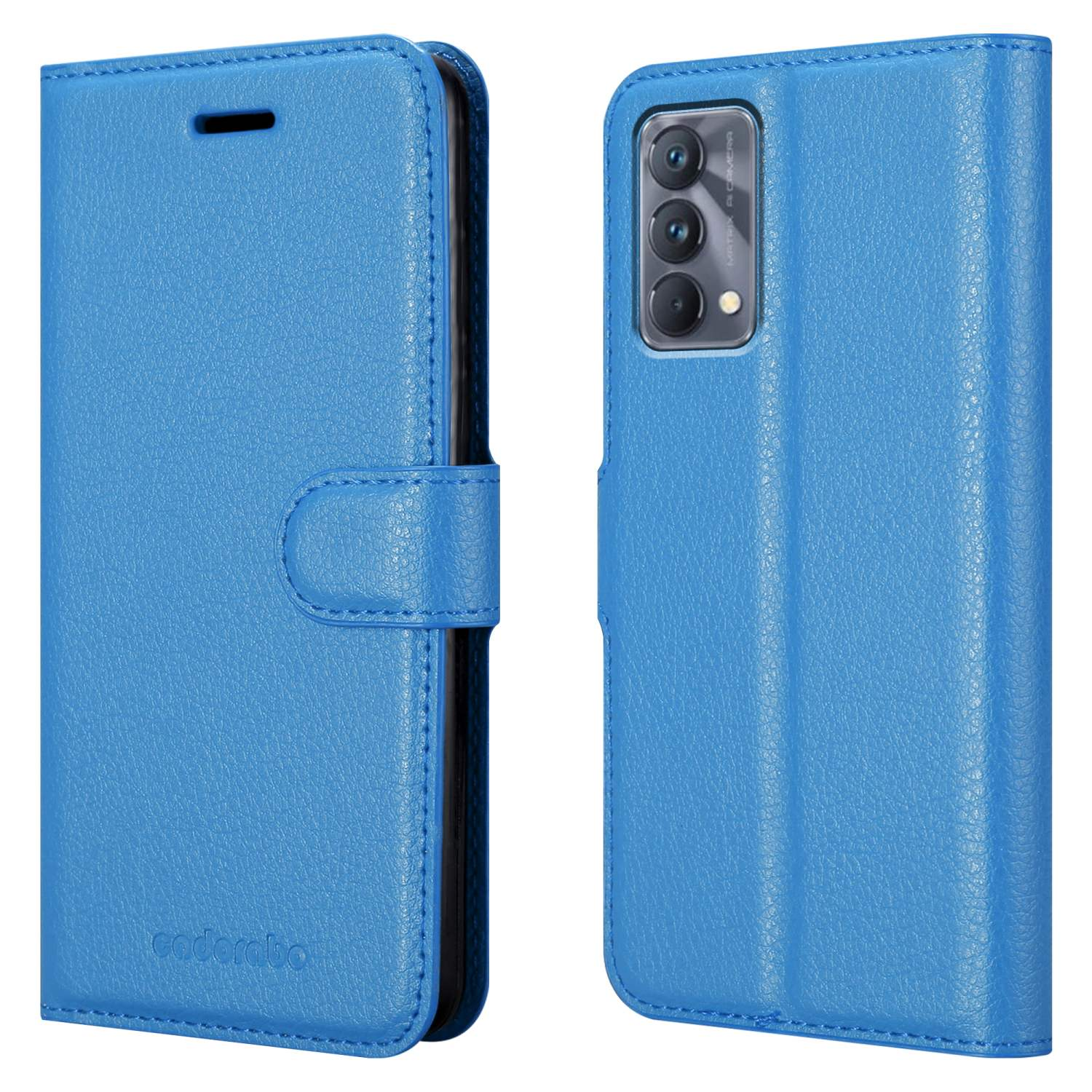 Custodia per telefono blu, aperta, con un telefono all'interno. La custodia è in pelle, il telefono ha 3 fotocamere.