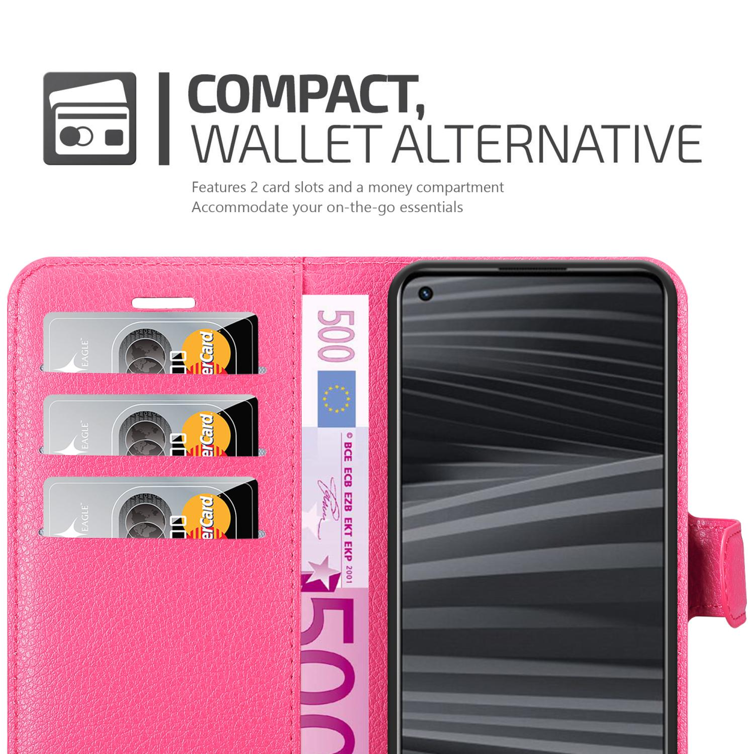 Custodia a portafoglio rosa, aperta, con fessure per carte, una banconota in euro e uno schermo del telefono.