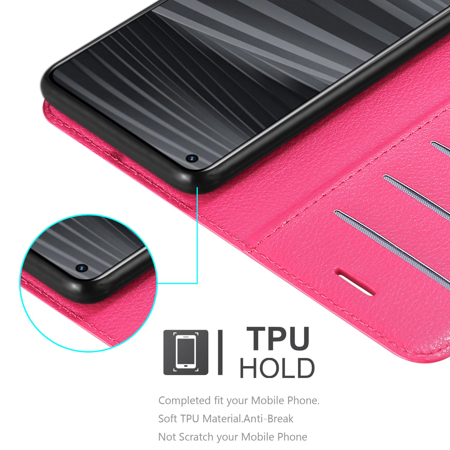Custodia rosa con telefono all'interno, aperta. Supporto TPU. Telefono nero, custodia fucsia.