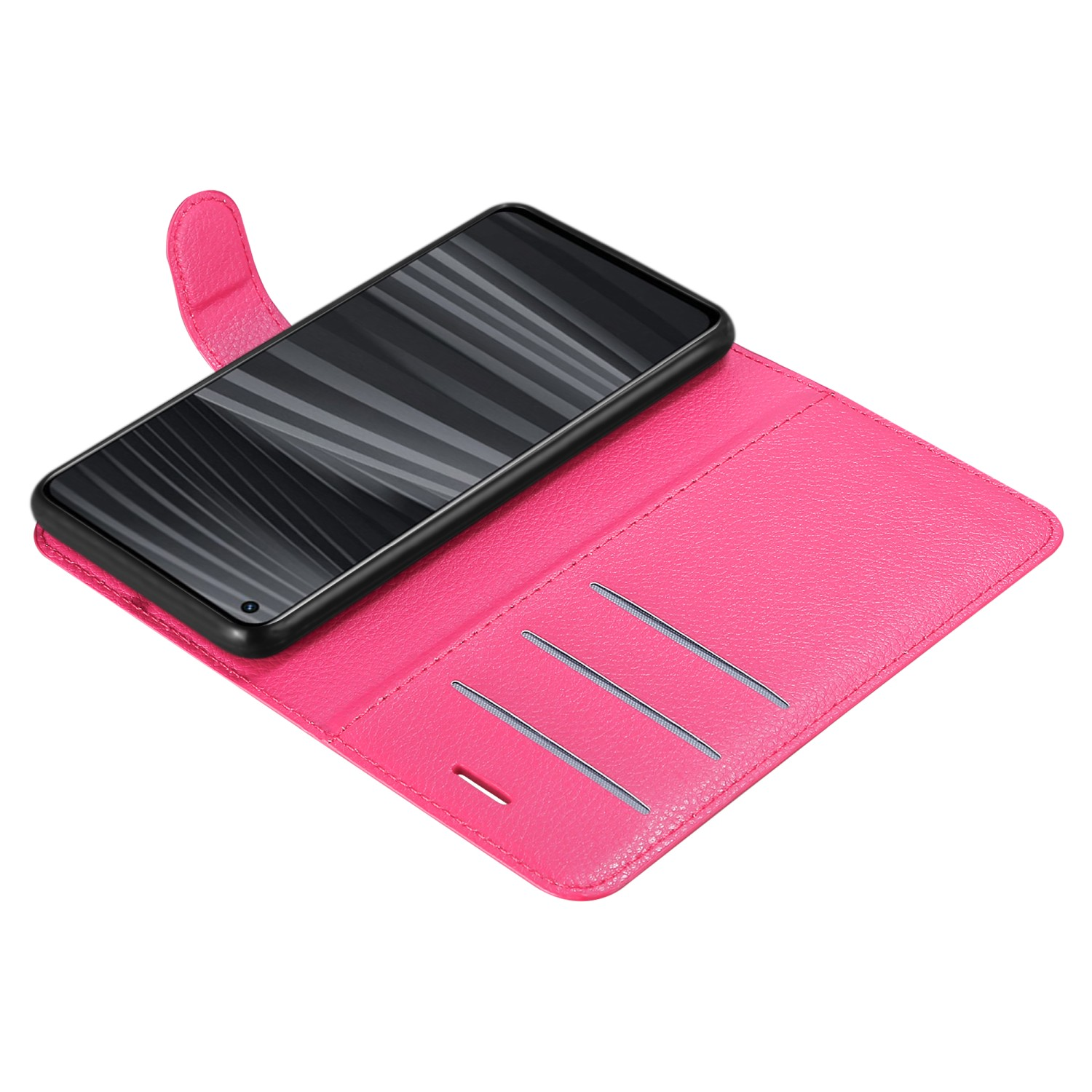 Custodia per telefono rosa, aperta, che rivela un telefono a righe. Ha slot per schede.