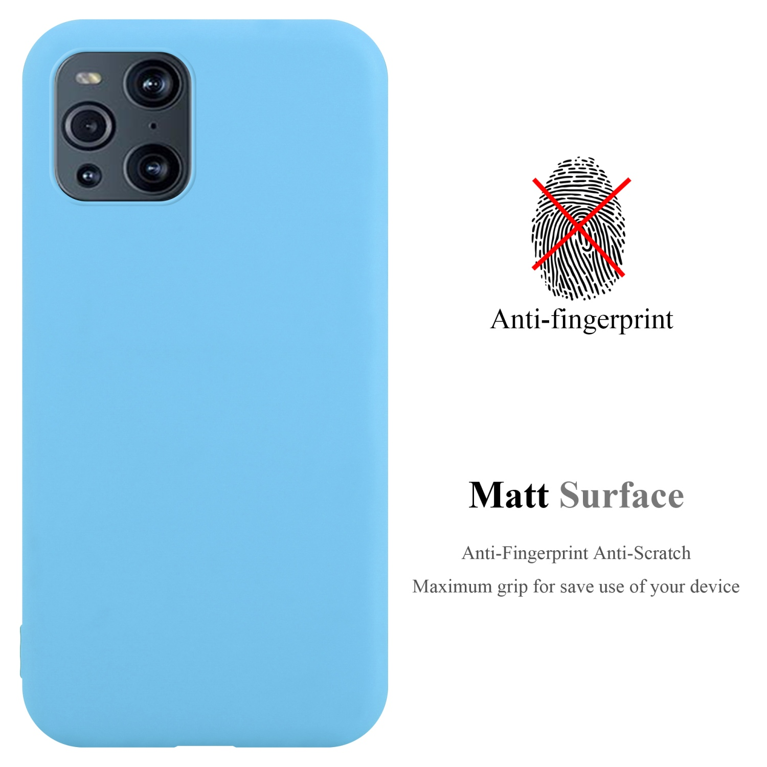 Una custodia per telefono azzurra con superficie opaca e design anti-impronte.