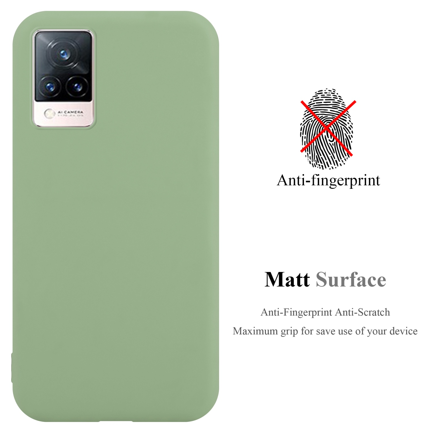Custodia verde per telefono con design anti-impronta e testo 'Matt Surface'.