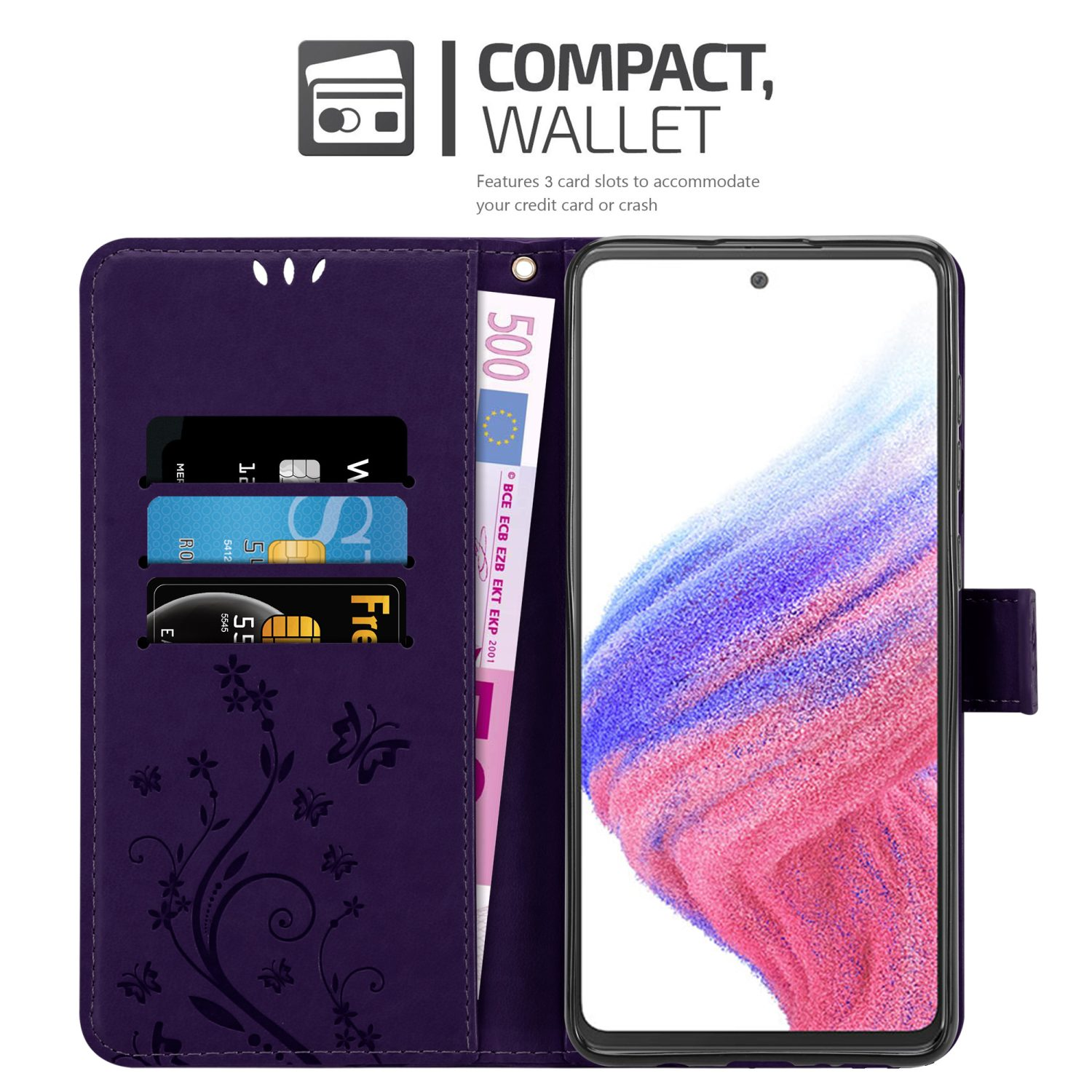 Custodia a portafoglio viola con telefono, carte e denaro. Il testo dice: Portafoglio compatto.