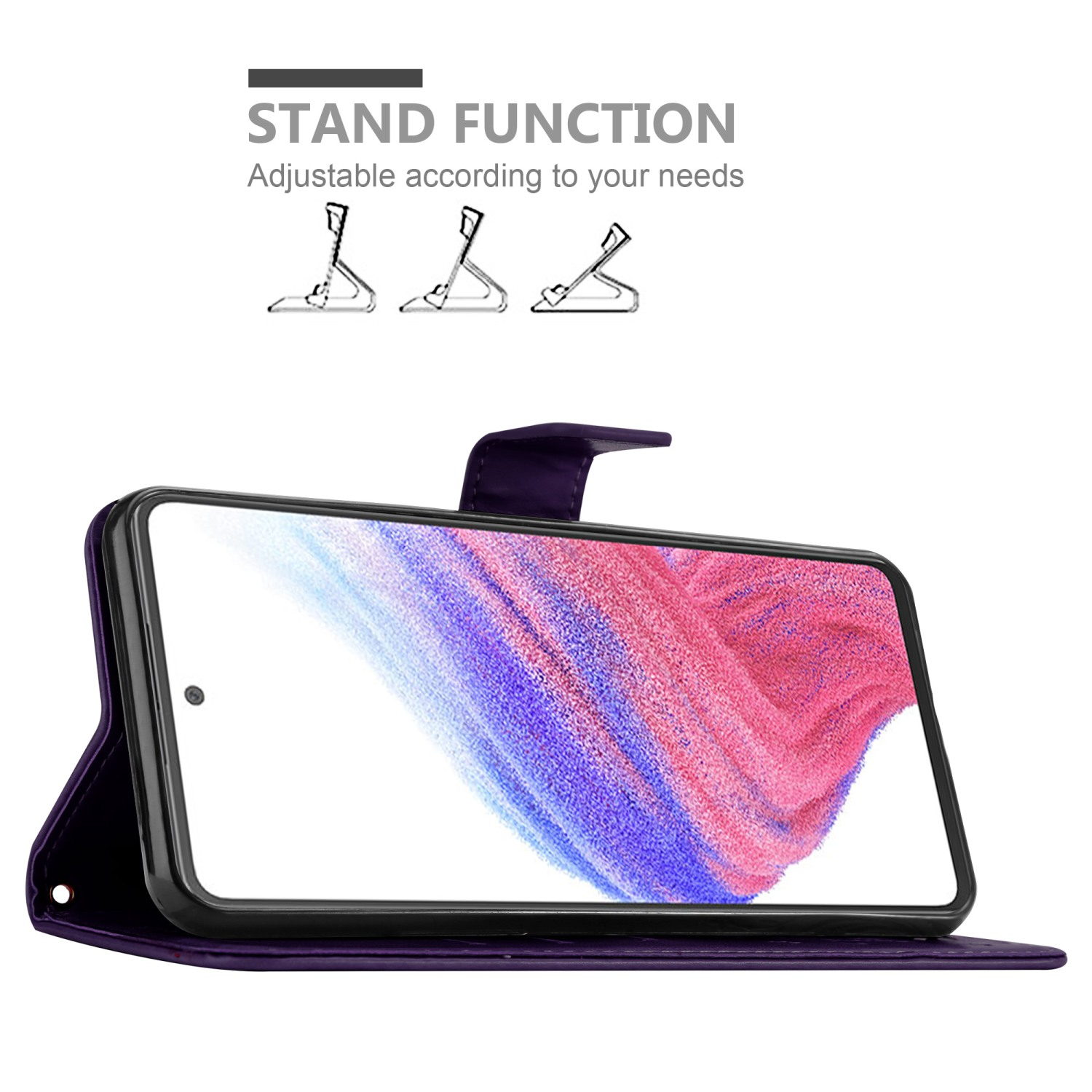 Un telefono in una custodia viola con funzione di supporto.