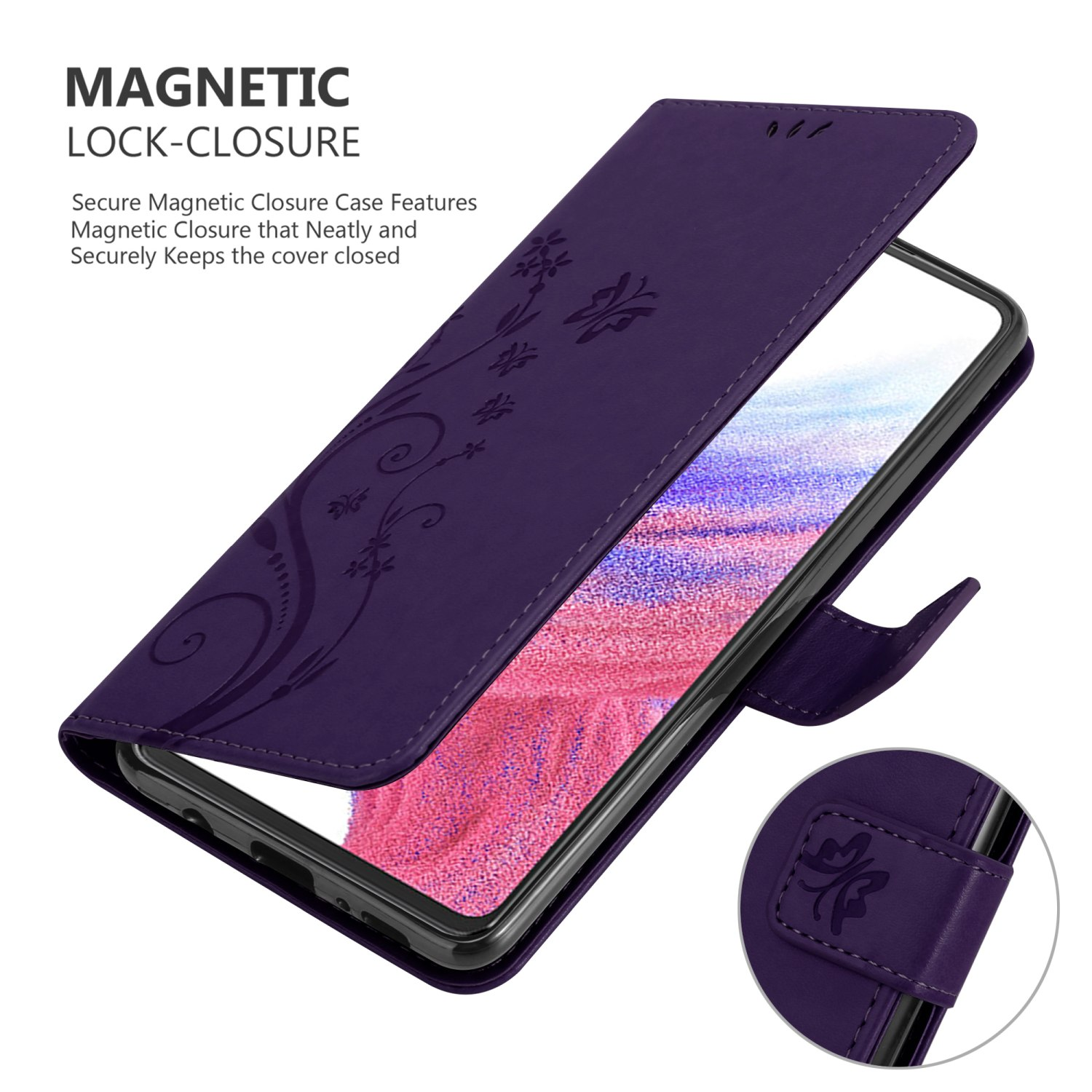 Una custodia viola per telefono aperta per mostrare un telefono all'interno. La custodia ha un design floreale.