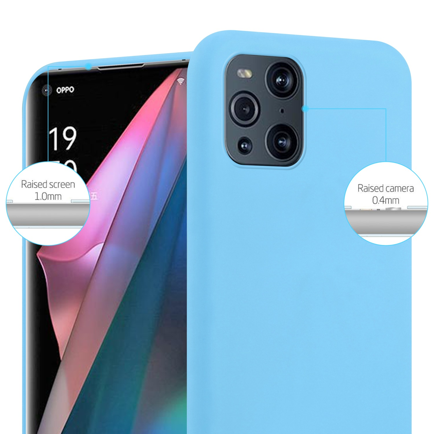 Custodia per telefono azzurra con dettagli fotocamera e schermo, aree rialzate.