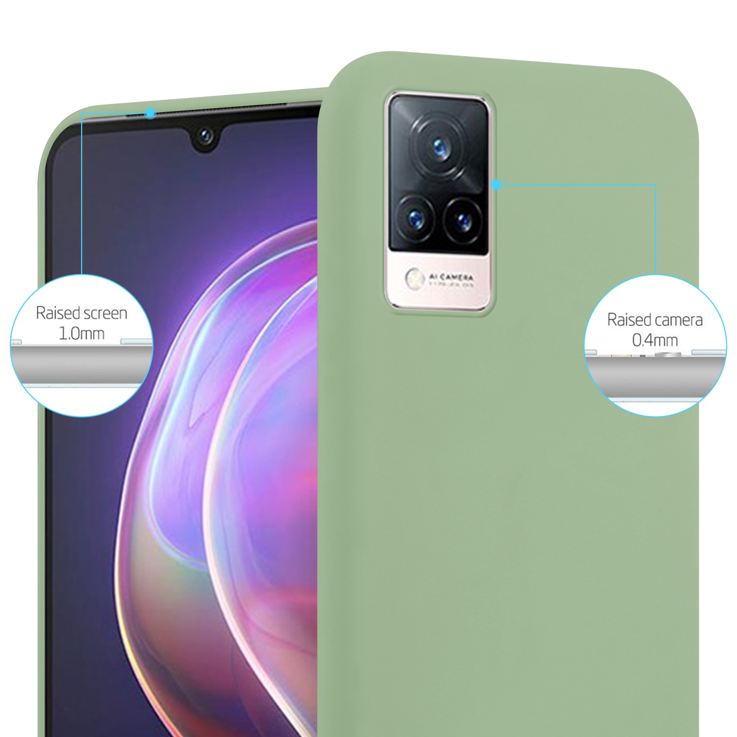 Una custodia per telefono verde chiaro, con un telefono all'interno. Lo schermo e le fotocamere sono visibili.