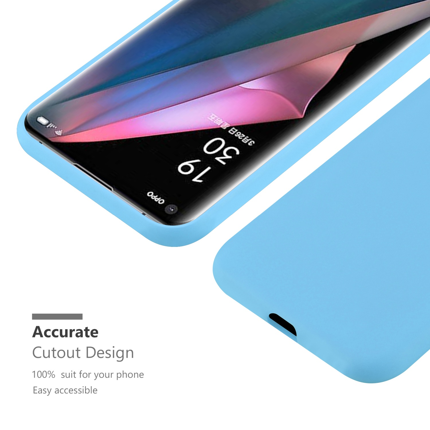 Una custodia blu per telefono, appoggiata su una superficie. Lo schermo del telefono mostra la data. La custodia ha un design ritagliato.