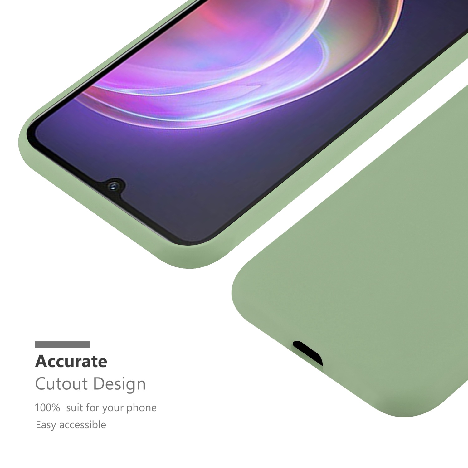 Una custodia per telefono verde chiaro. Testo: Design di ritaglio accurato, facilmente accessibile.