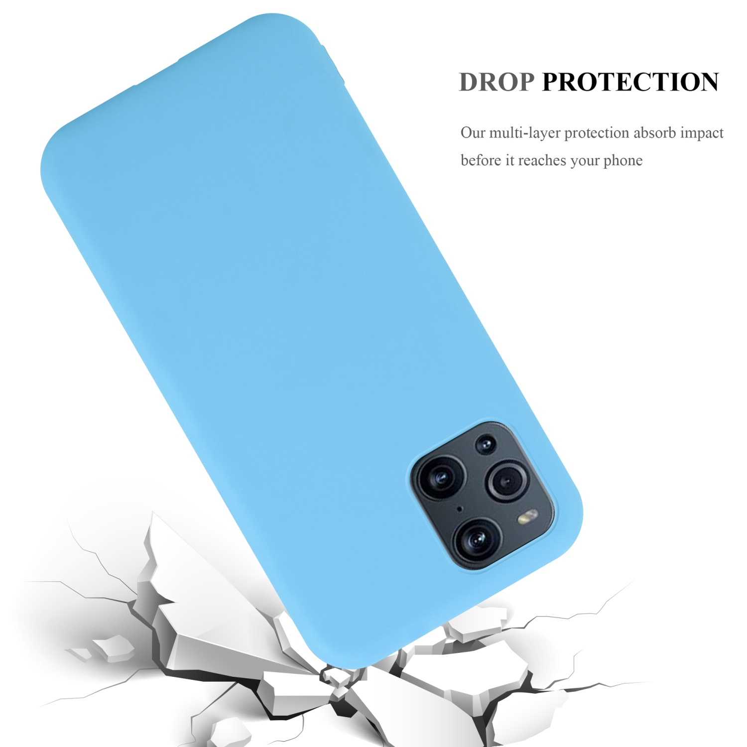 Custodia blu con crepe che mostrano la protezione dagli urti. Testo: La protezione dalle cadute assorbe l'impatto.