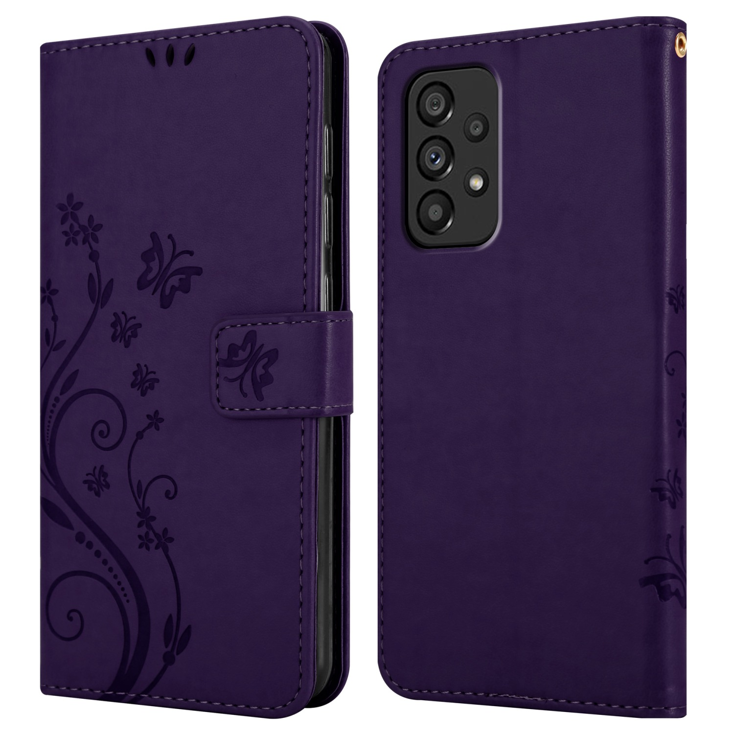 Custodia per telefono viola con design floreale e chiusura magnetica. La custodia è chiusa.