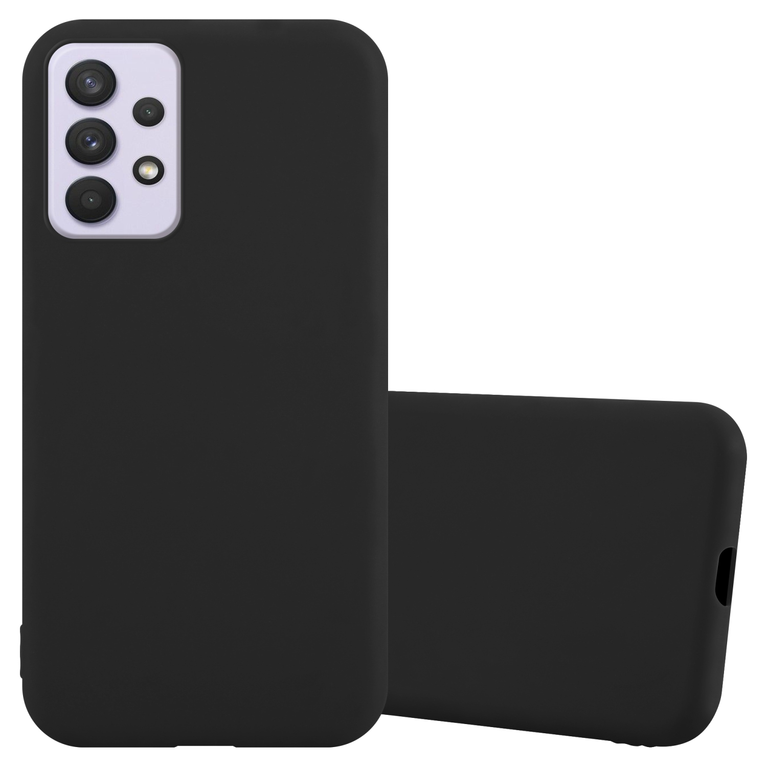 Custodia per telefono nera. Due custodie. Una che mostra la serie di fotocamere. Custodia per telefono nera.