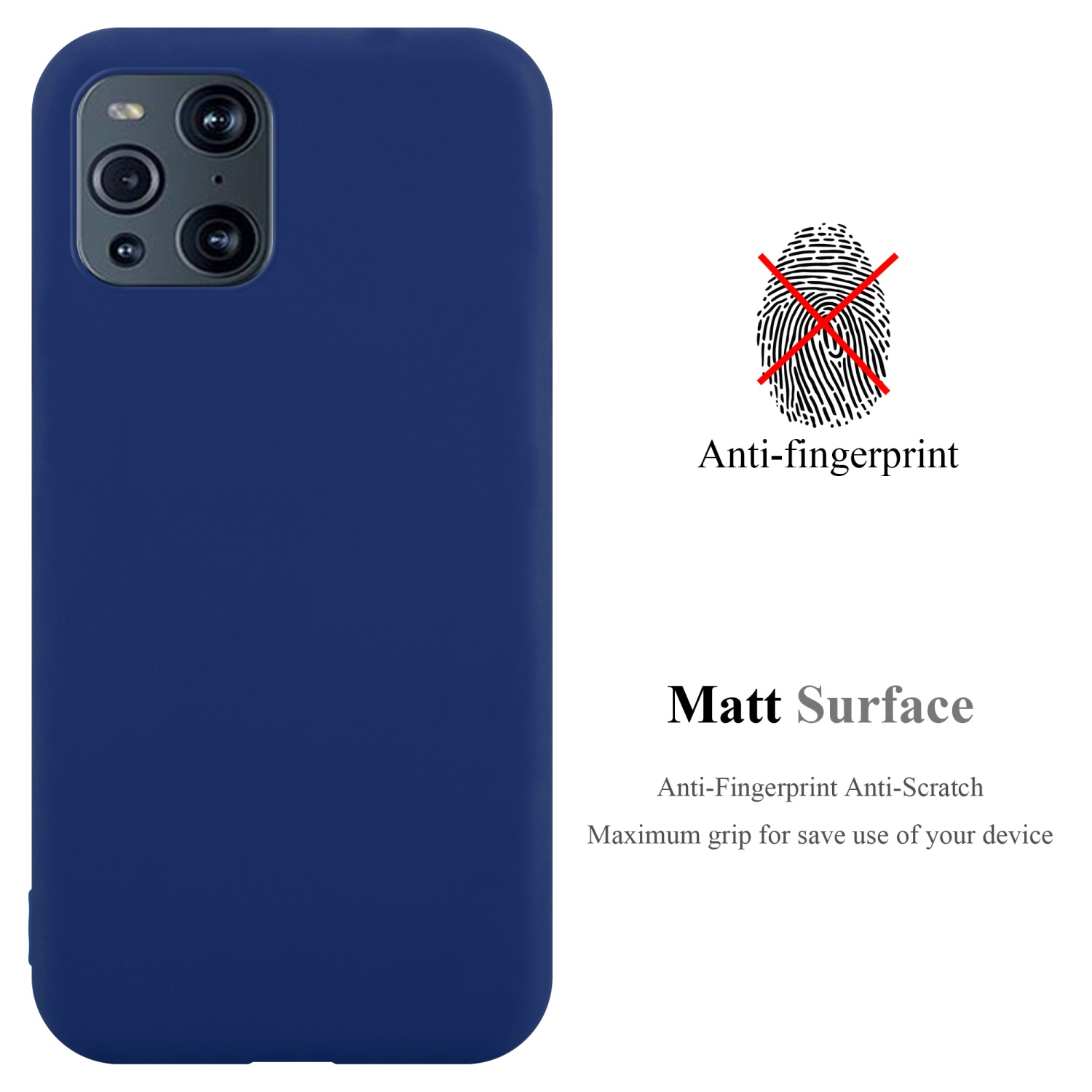 Custodia blu per telefono con telefono. Testo: Superficie opaca, anti-impronte. Sfondo bianco.