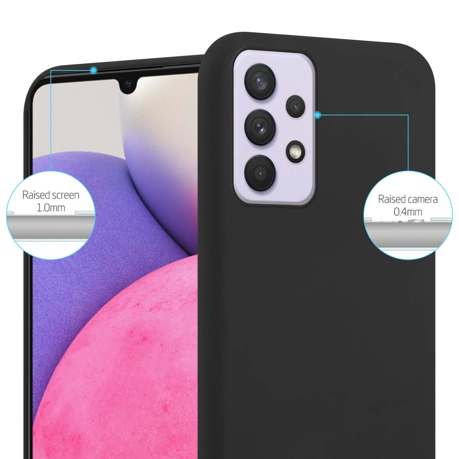 Una custodia per telefono nera con un telefono, con schermo e fotocamera rialzati.