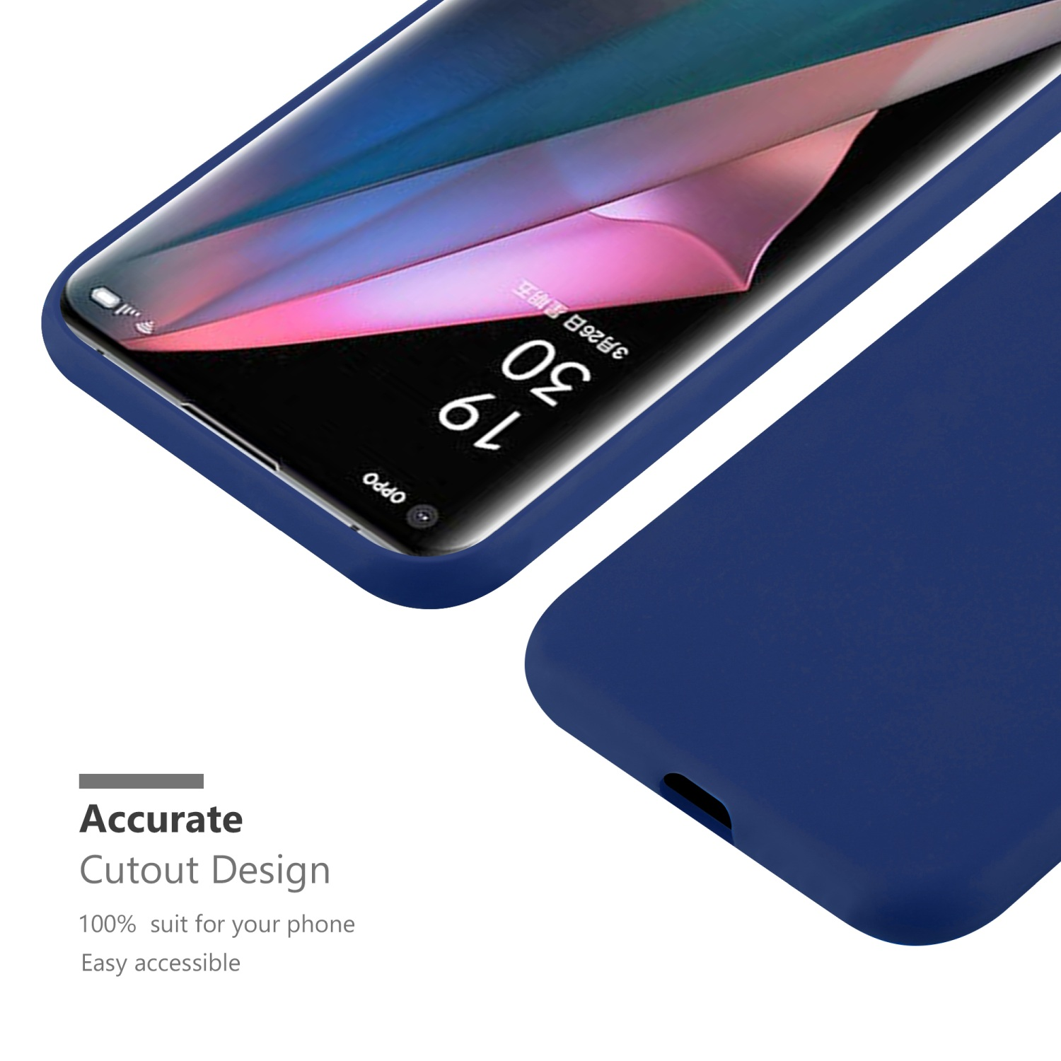 Custodia blu per telefono con schermo, testo: Accurate Cutout Design, 100% adattamento.