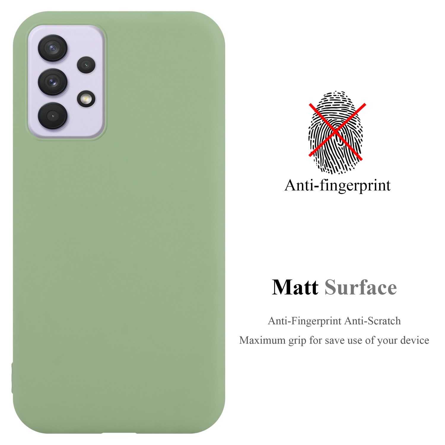 Custodia per telefono verde con testo anti-impronta e simbolo dell'impronta digitale.