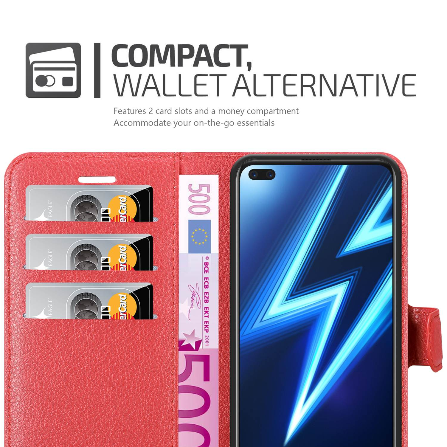 Rote Handyhülle mit Karten und Geld darin. Telefon ist rechts. Hülle hat kompaktes Geldbörsen-Design.