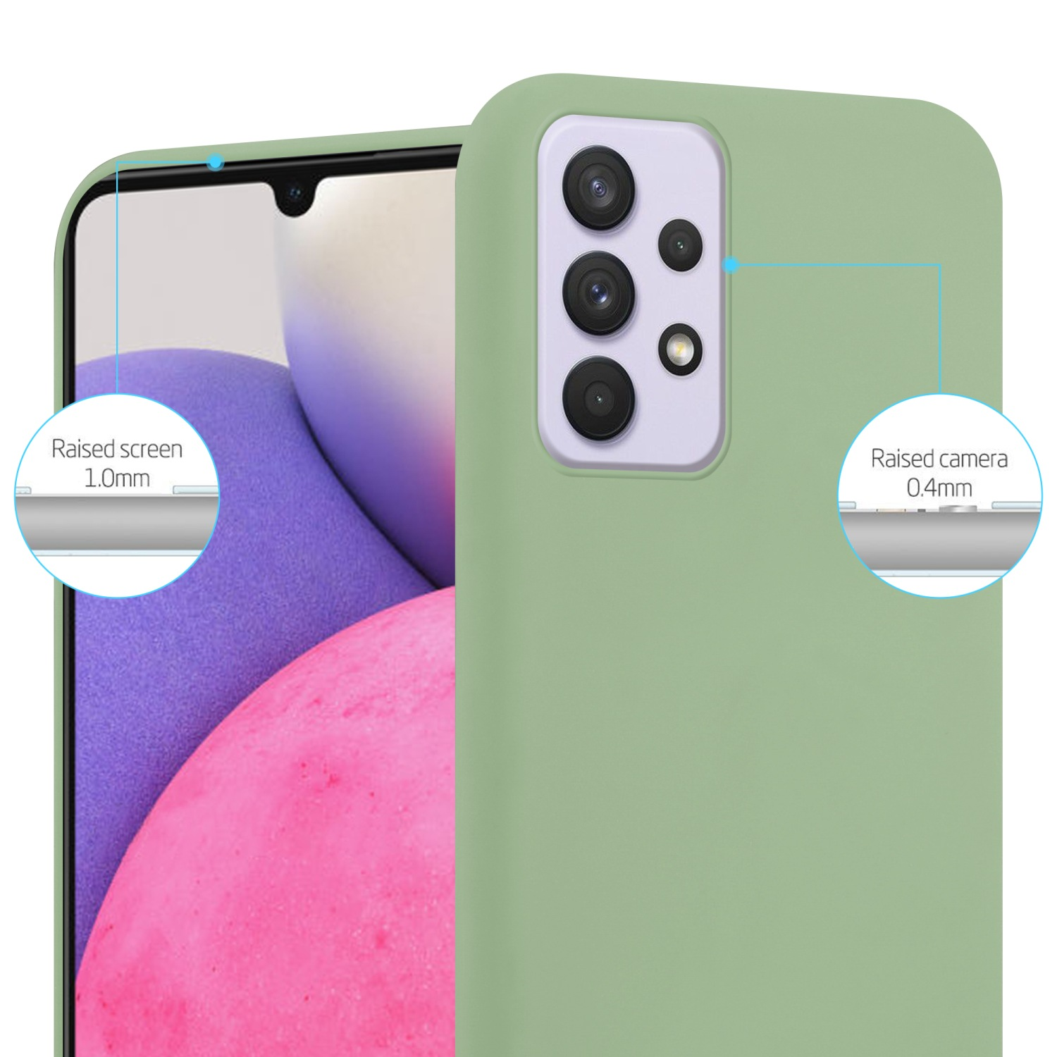 Custodia verde con telefono. Protezione rialzata per fotocamera e schermo menzionata. Sfondo bianco.