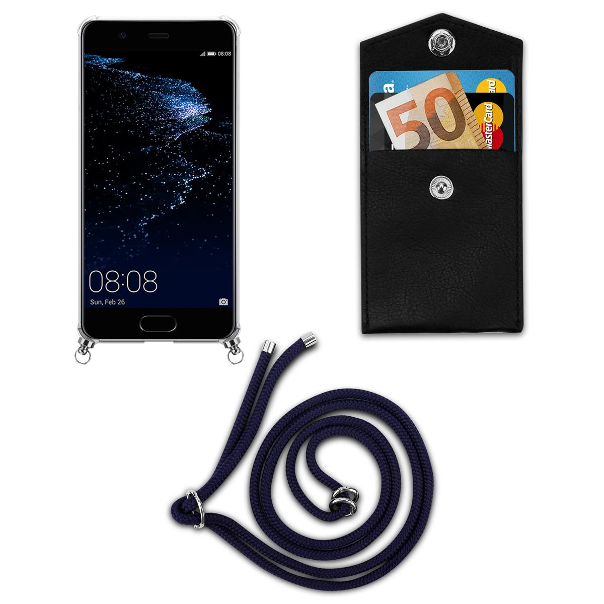 Telefon und kleine Geldbörse mit Lanyard. Marineblaues Lanyard, schwarze Brieftasche.