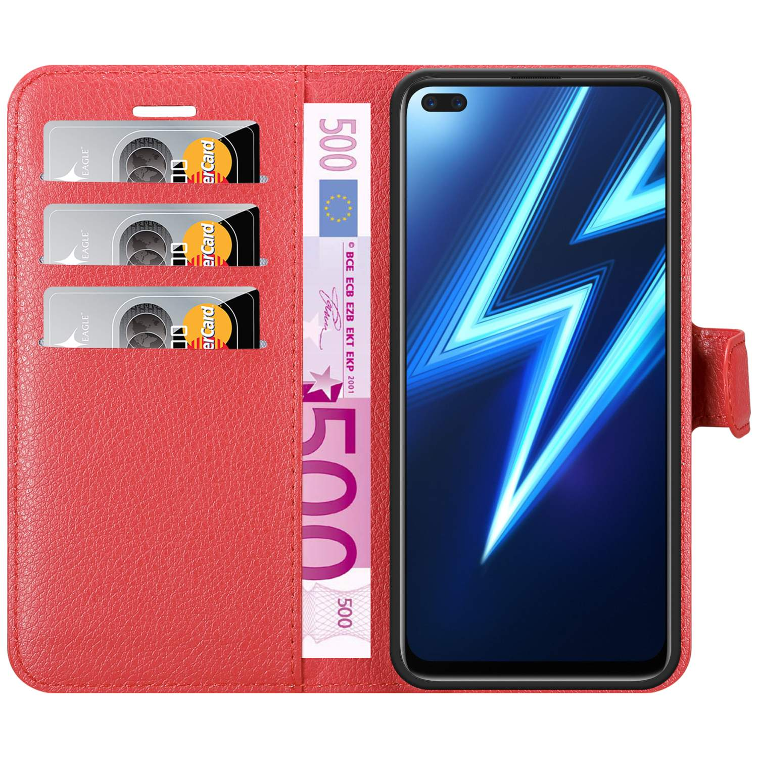 Rote Handyhülle mit Telefon, Karten und Bargeld. Roter Hintergrund.