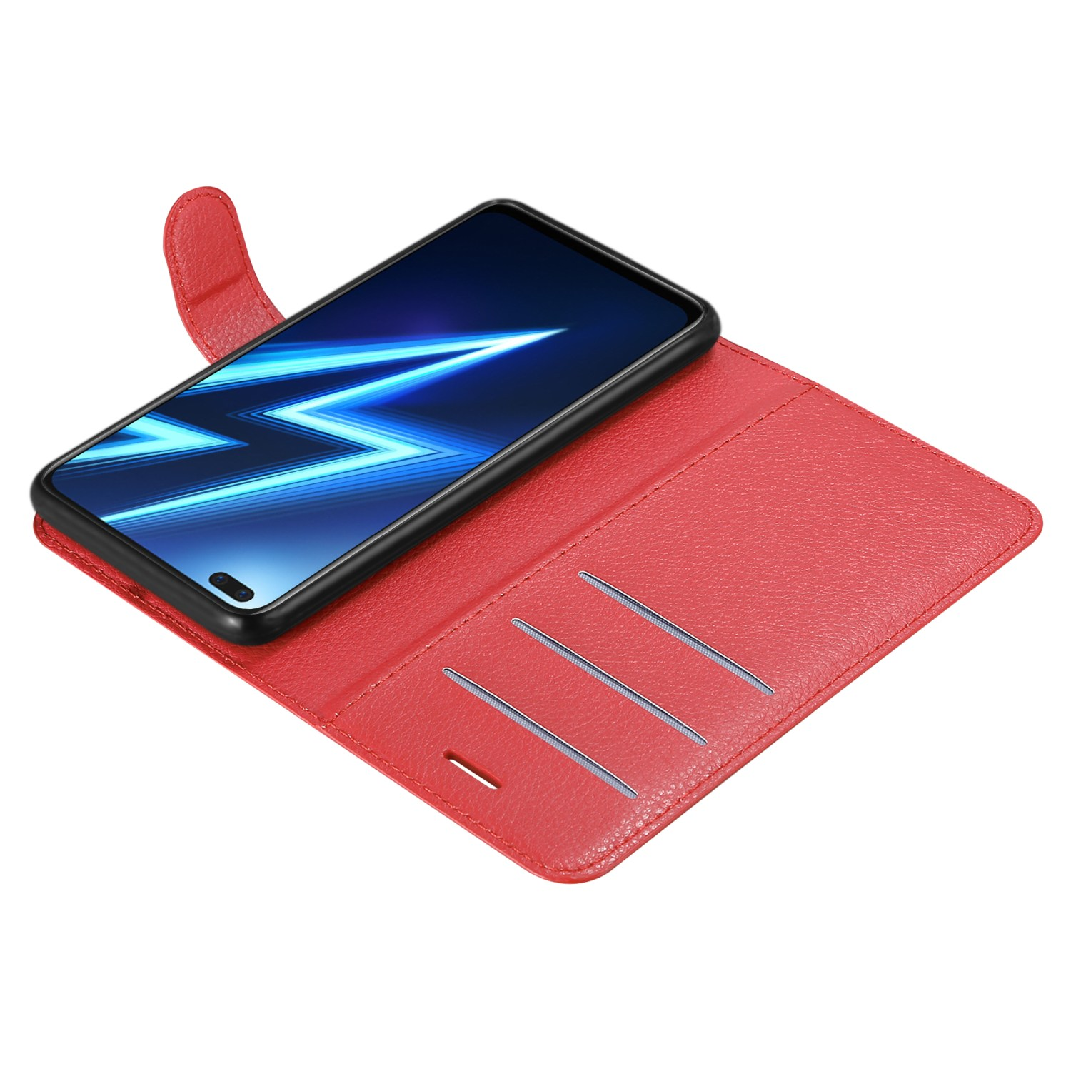 Rote Handyhülle offen mit Telefon darin. Das Telefon zeigt blaues Bild.
