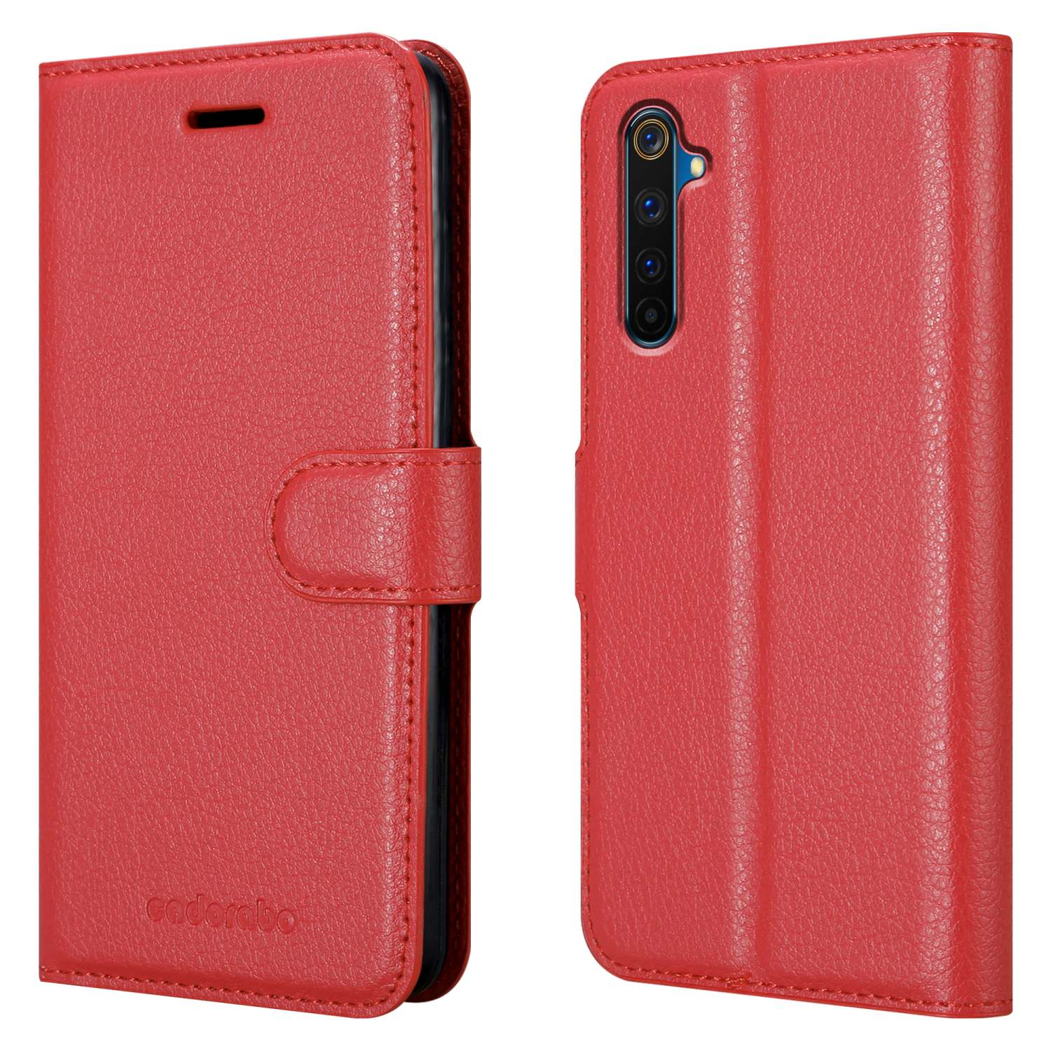 Rote Handyhülle, offen mit Telefon im Inneren. Ledertextur. Weißer Hintergrund.