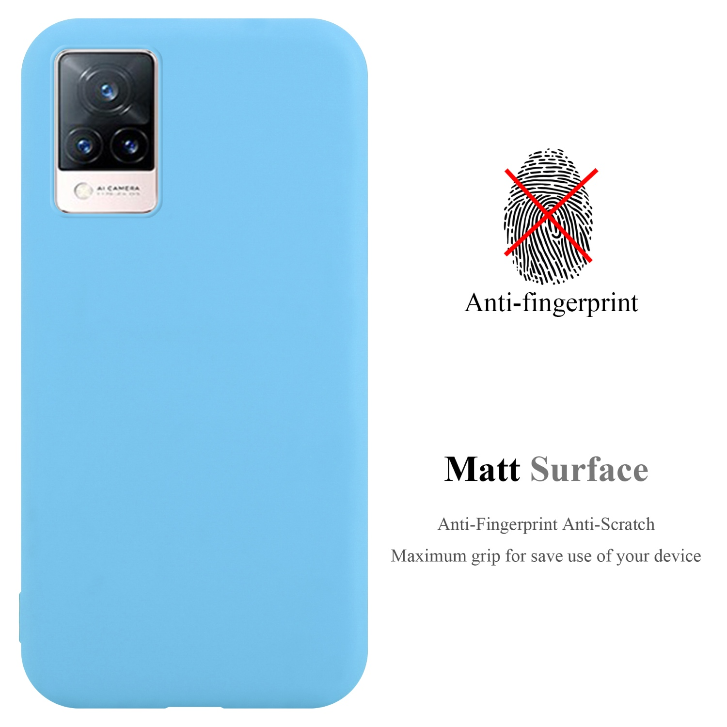 Hellblaue Handyhülle mit Kamera. Text sagt 'Anti-Fingerprint' und 'Matt Surface'.