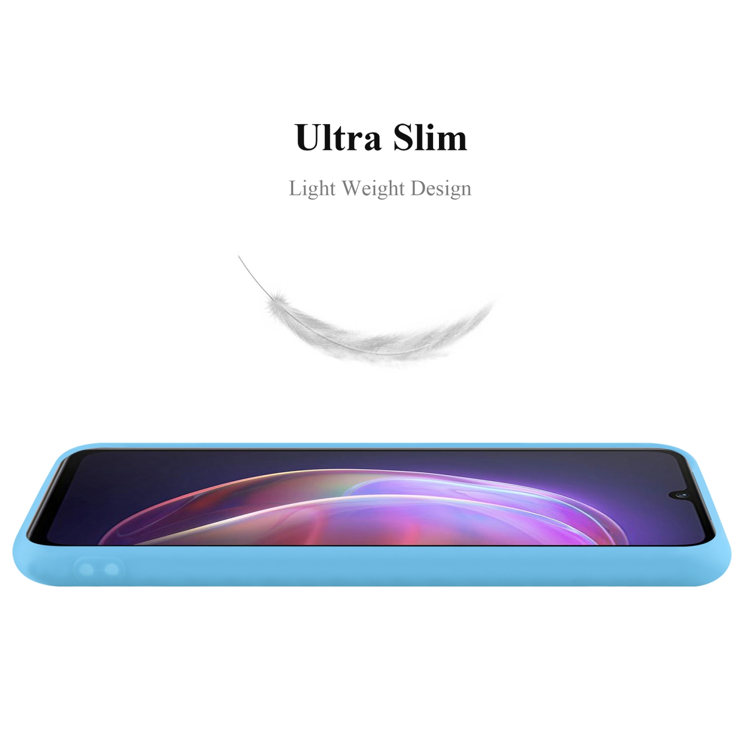 Eine blaue Handyhülle mit einem Telefon darin. Der Text 'Ultra Slim' steht darüber.