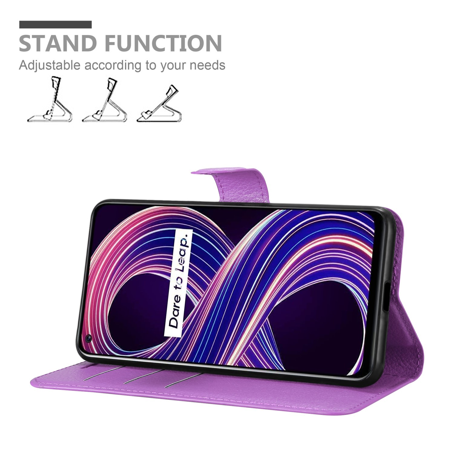 Custodia per telefono viola con funzione supporto. Telefono dentro, mostra un design.