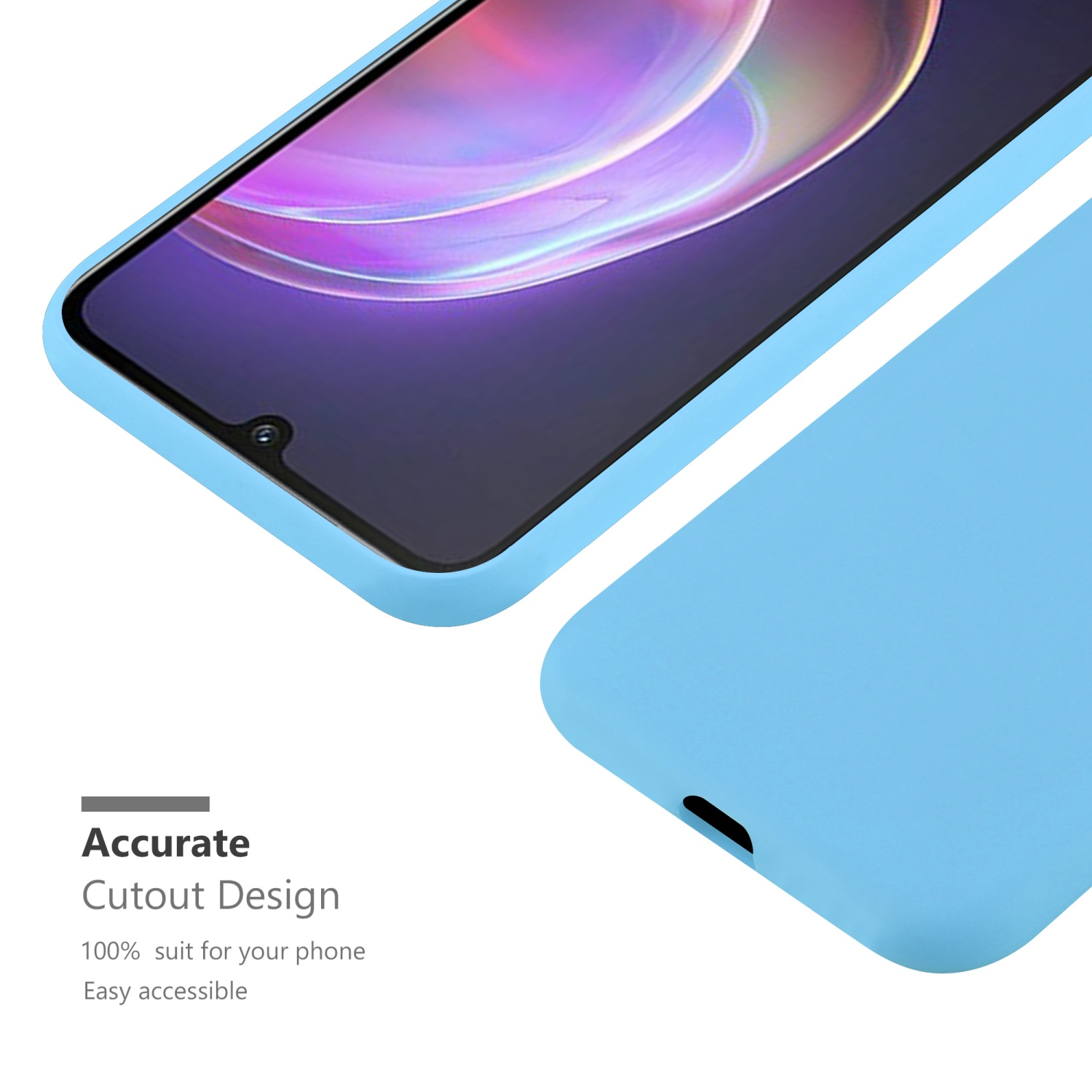 Blaue Handyhülle mit Telefon. Weißer Hintergrund. Präzises Ausschnittdesign.