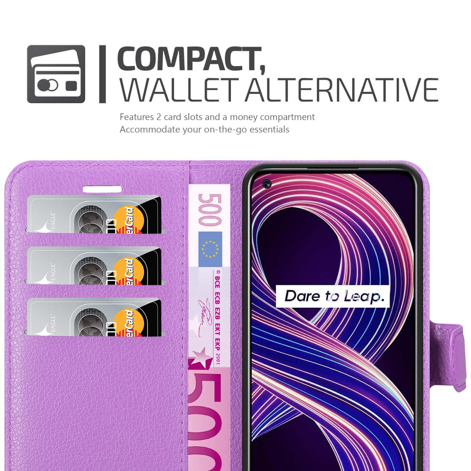 Custodia viola con carte di credito e denaro, schermo del telefono visibile.