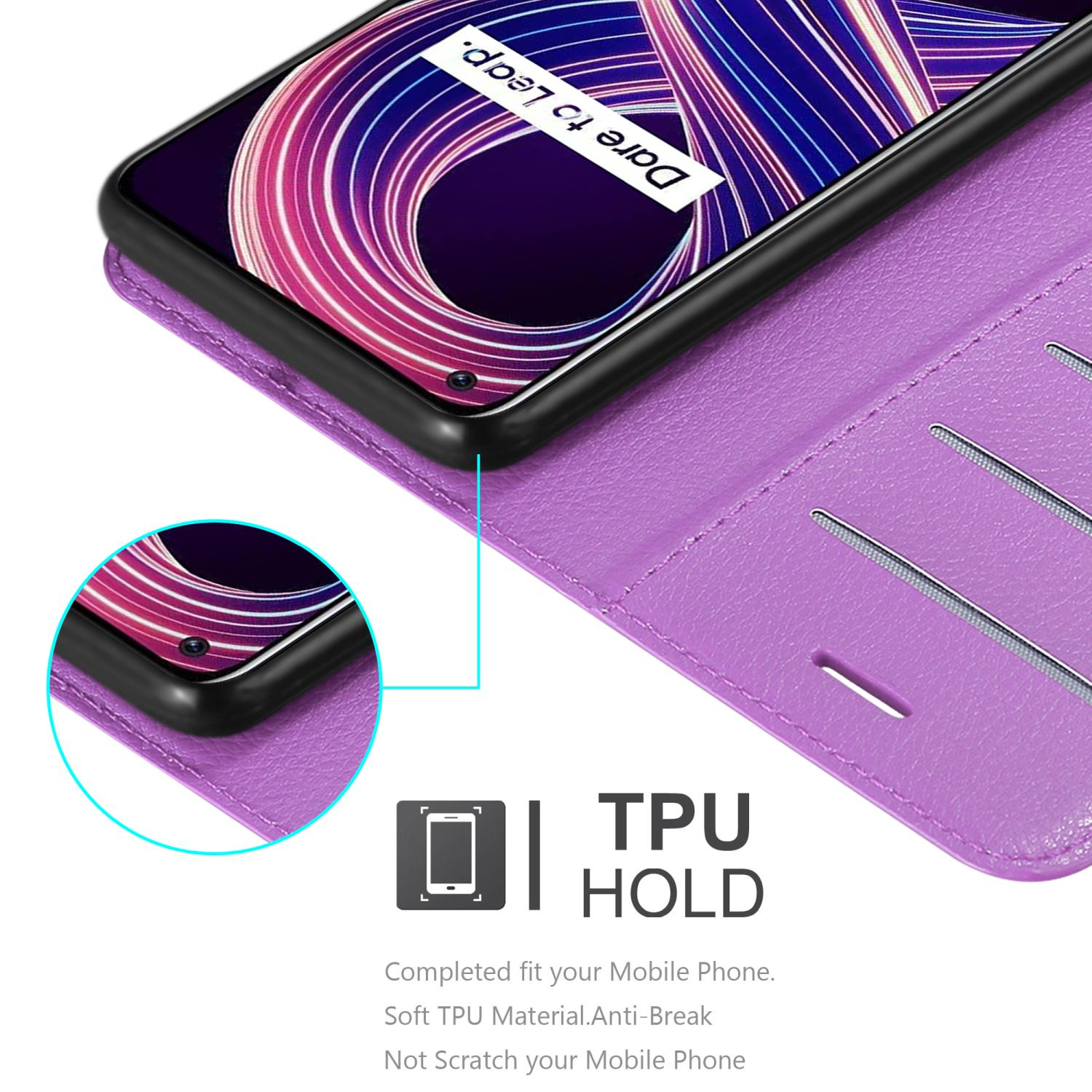 Custodia viola aperta con telefono all'interno. Primo piano del telefono. Supporto TPU per protezione.