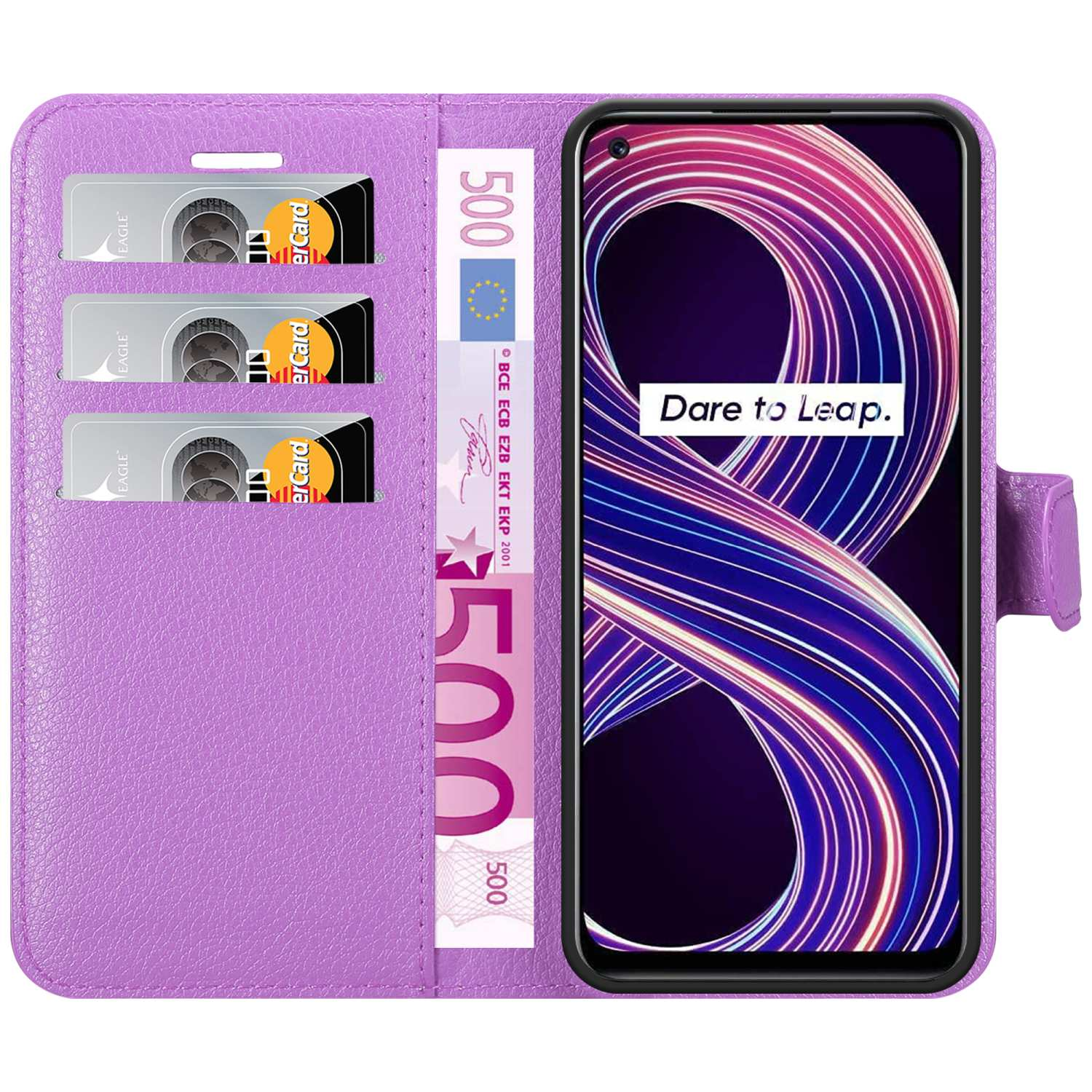 Portafoglio telefonico viola aperto, con carte, banconota da 500 euro e telefono con testo.
