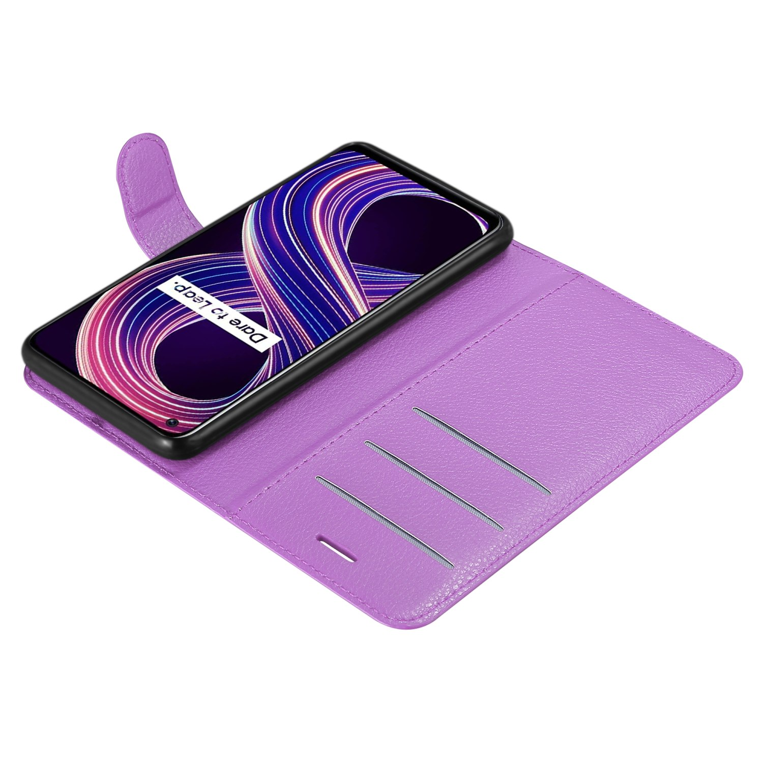 Custodia per telefono viola con telefono all'interno. Il telefono mostra un design astratto. La custodia è aperta su una superficie bianca.
