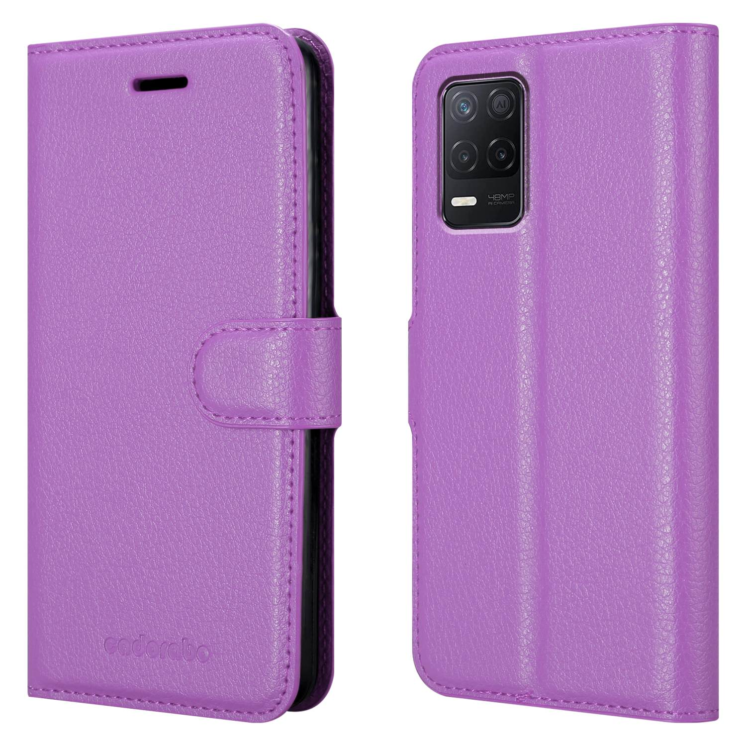 Custodia viola per telefono aperta, che mostra un telefono. La custodia è marchiata 'cadorabo'.